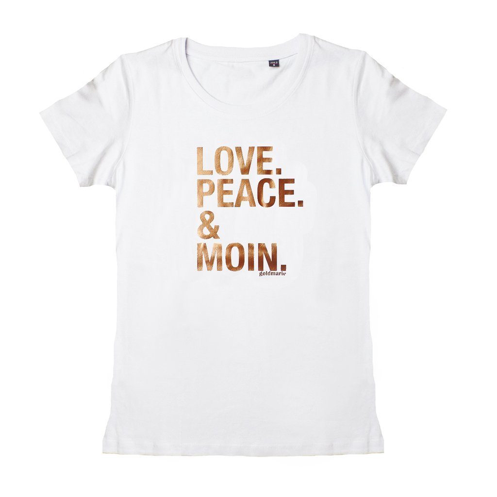 mit Baumwolle reiner PEACE Frontprint, T-Shirt MOIN kupfer weiß aus mit LOVE goldmarie