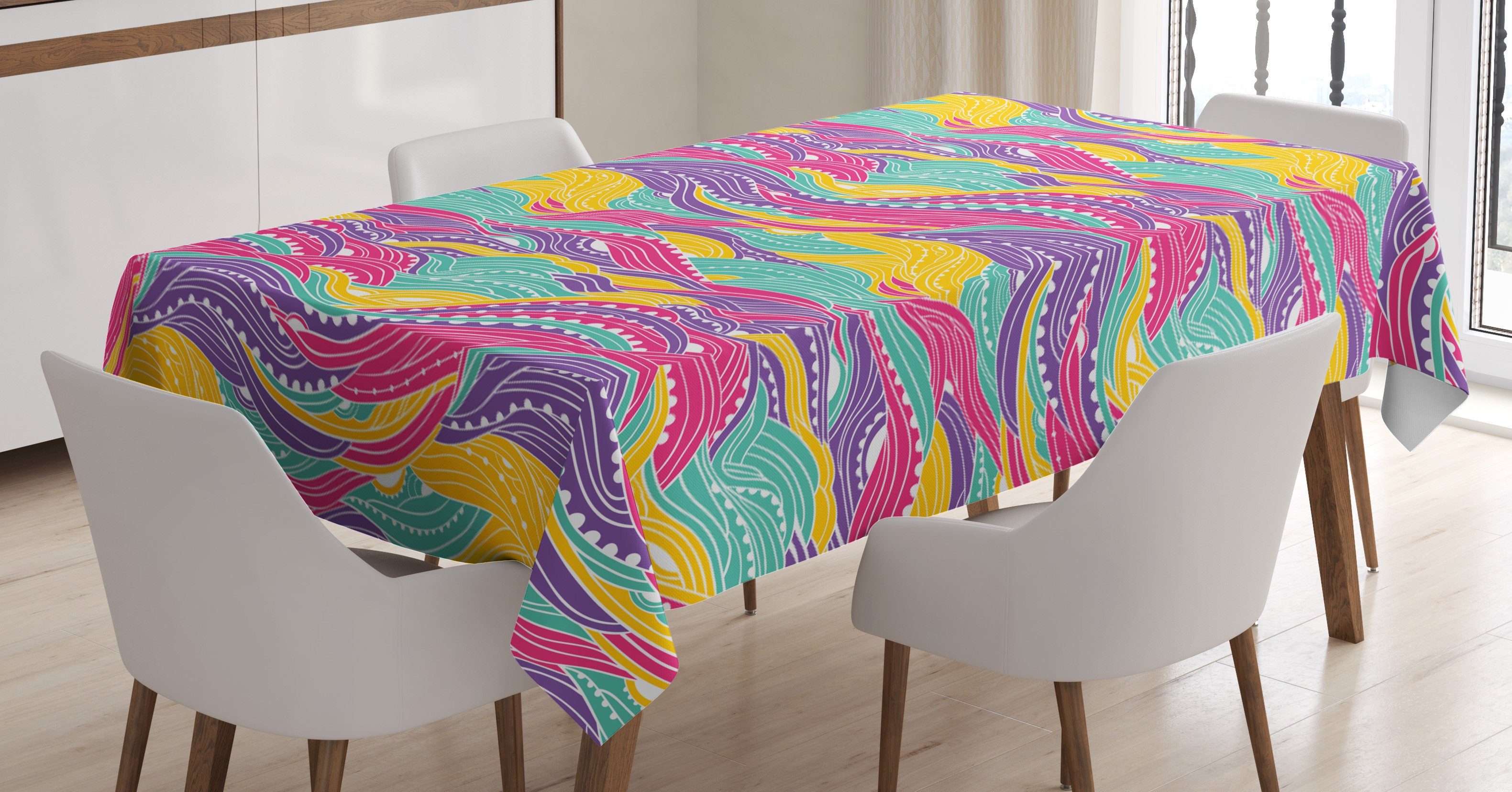 Abakuhaus Tischdecke Farbfest Waschbar Für den Außen Bereich geeignet Klare Farben, Streifen Abstrakte bunte Wellen