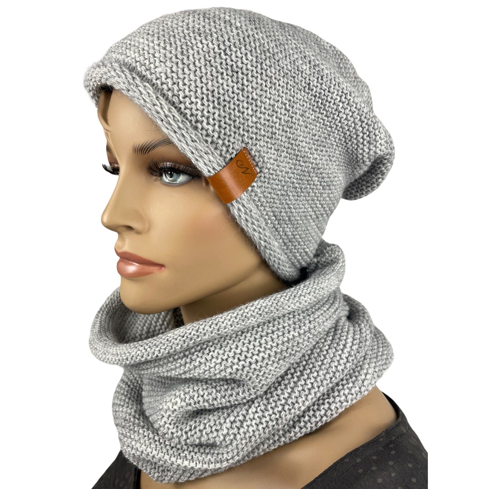 Taschen4life Beanie Mütze & Schal - N-Set unisex (2 teilig, Long-Beanie & Loop-Schal) für Damen und Herren, Strick uni einfarbig, klassisch modischer Stil