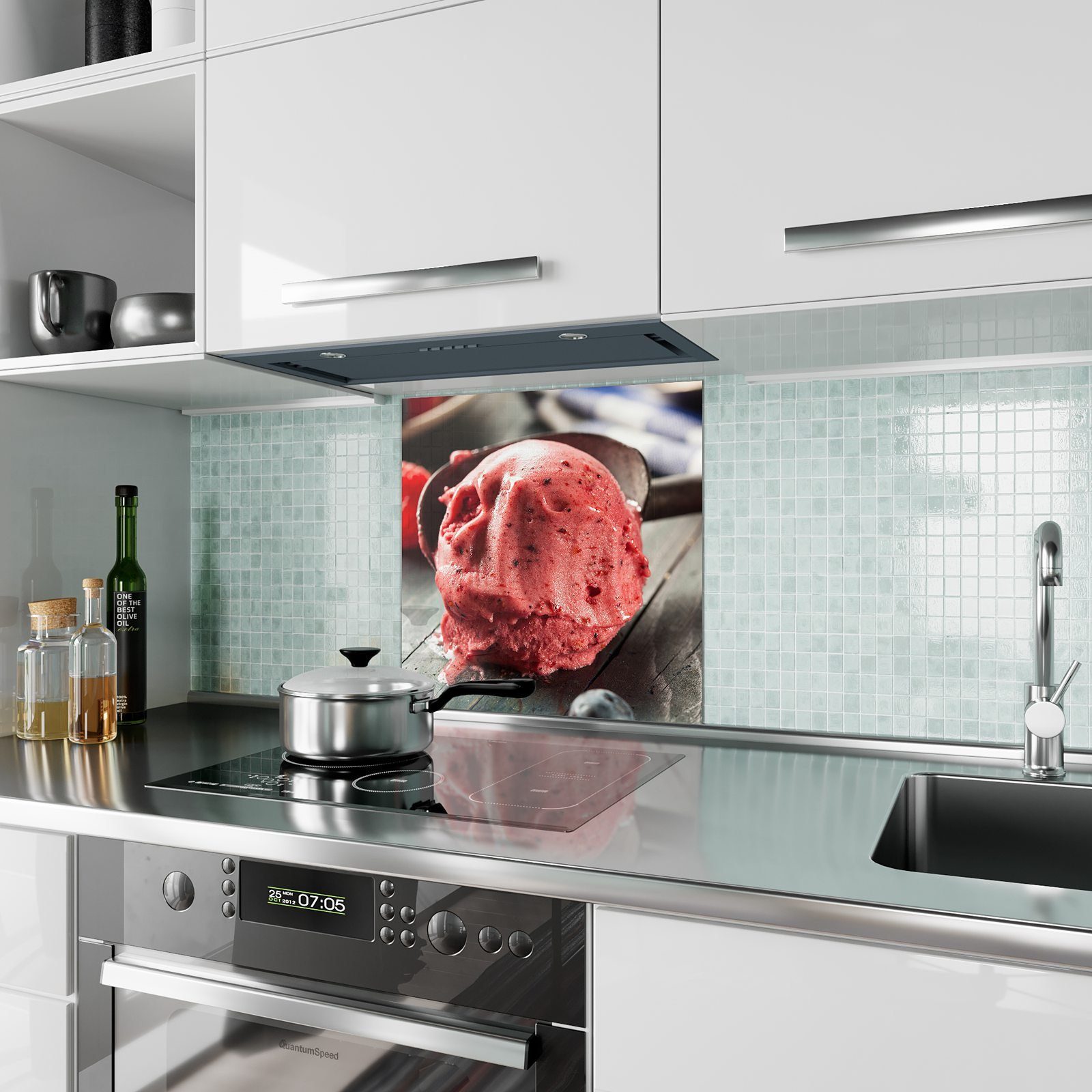 Primedeco Küchenrückwand Küchenrückwand Spritzschutz Glas mit Sorbet Hausgemachtes Motiv