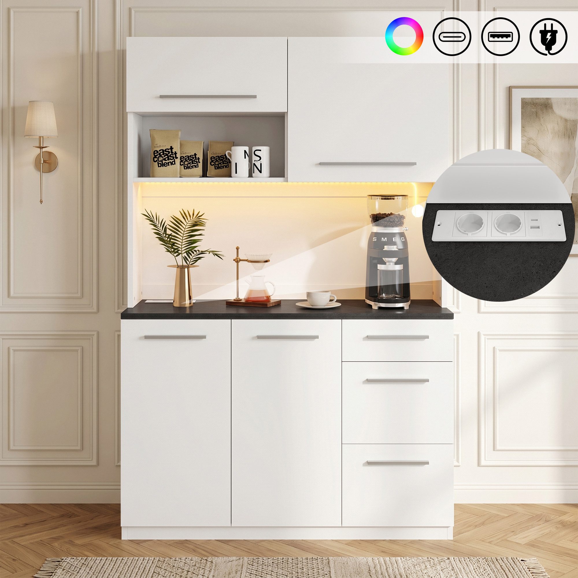 Flieks Küchenbuffet mit Steckdosen, LED-Beleuchtung und verstellbarer Einlegeböden (mit schwarzer Arbeitsplatte in Steintextur, 1-St., B120/T40/H180 cm) Hochschrank Küchenschrank Geschirrschrank mit Ladefunktion Weiß