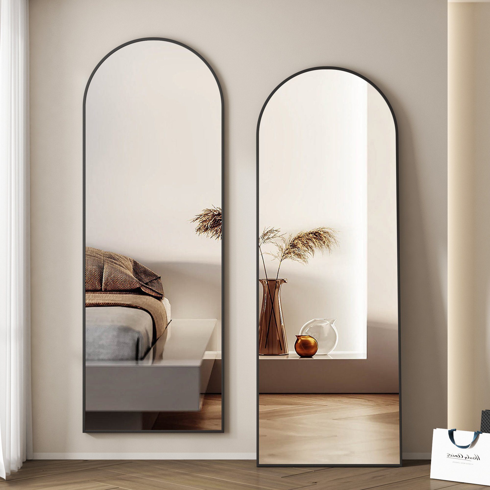 WDWRITTI Ganzkörperspiegel 150x50 Rund Bogen Standspiegel Wandspiegel groß mit ohne beleuchtung (Flurspiegel modern Oval, 1-St., 5mm HD Зеркало, mit Metall Alu Rahmen), 2 Installationsmethoden