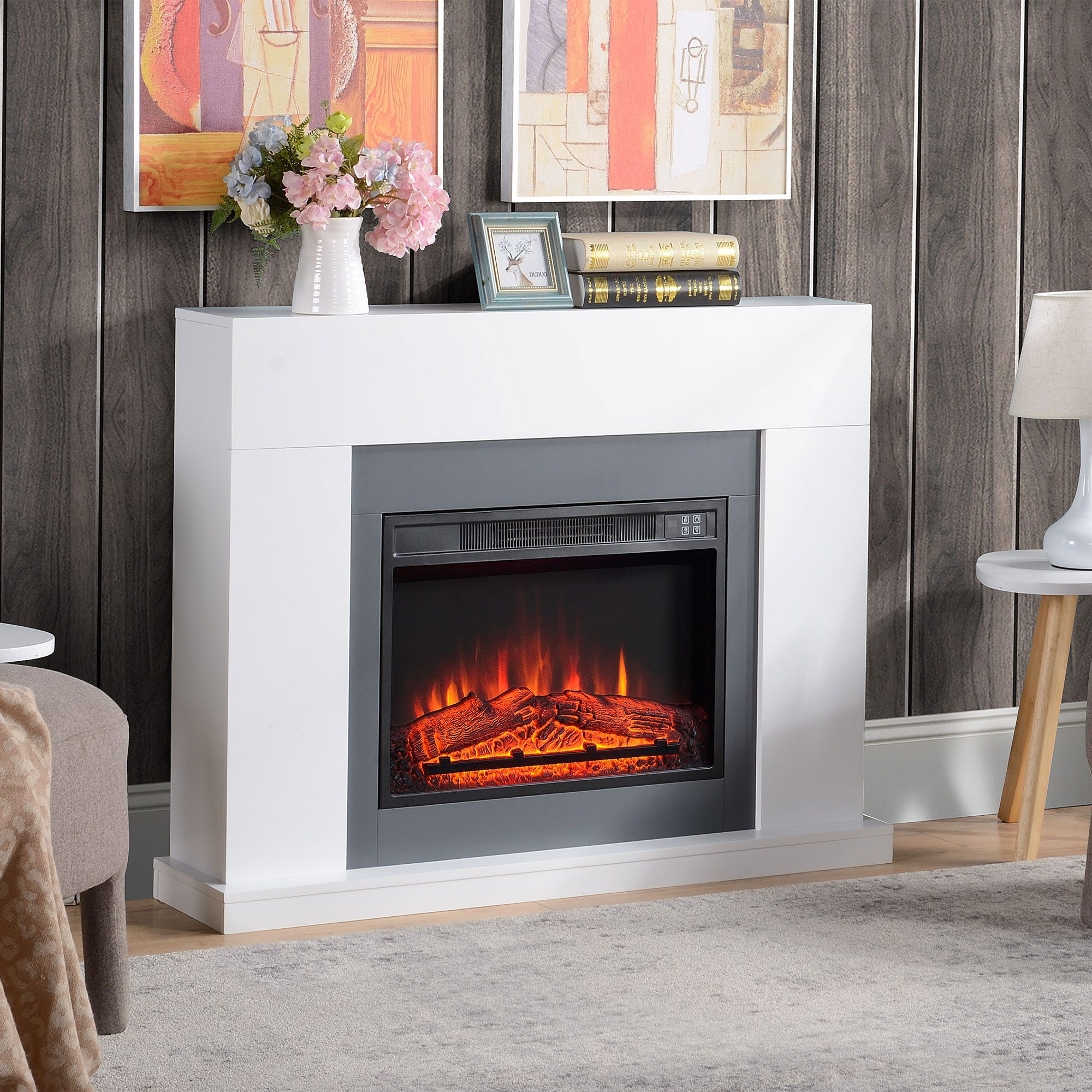 HOMCOM Elektrokamin Dekokamin mit Heizung, 3 Helligkeiten, Thermostat, Fernbedienung, LED Elektrokamin Standkamin mit Flammeneffekt 1800,2000W Weiß