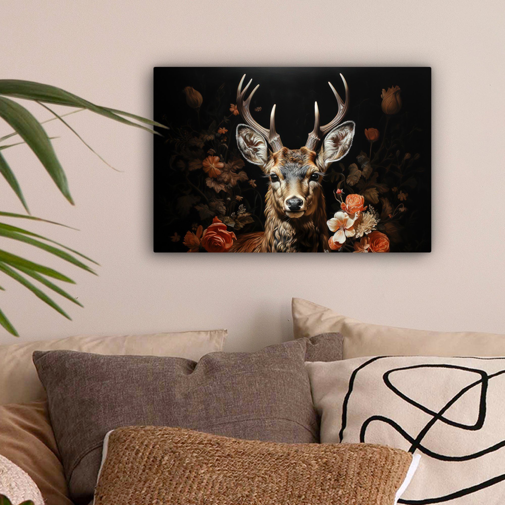 OneMillionCanvasses® Leinwandbild Hirsch - Tier - Blumen - Natur - Botanisc günstig online kaufen