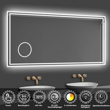 duschspa Badspiegel 80-160cm mit LED, Uhr, Beschlagfrei, Schminkspiegel, Kalt/Warm/Neutral Licht, dimmbar, Helligkeit-Speicherfunktion