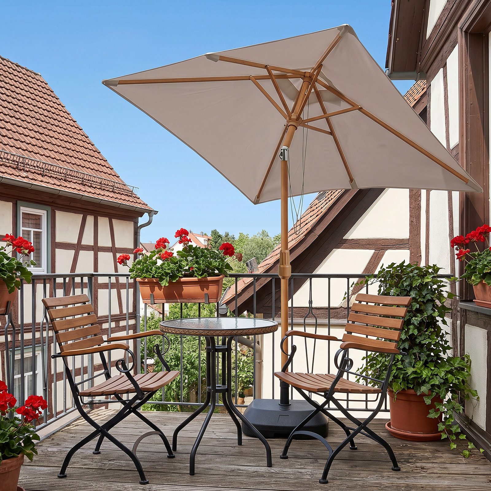 Sekey Sonnenschirm 200 x 150 cm Holzoptik Balkonschirm Rechteckig Wasserdicht, Knickbar, LxB: 200x150 cm, Sonnenschirm für Balkon Knickbar, Wasserdicht, UPF 50+