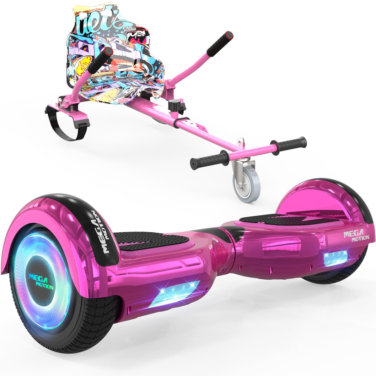 Mega Motion Balance Scooter 6.5 Zoll Hoverboards mit Sitz Hoverkart und Bluetooth und LED-Licht, 15 km/h, mit einem Go-Kart, Geschenk für Kinder und Jugendliche