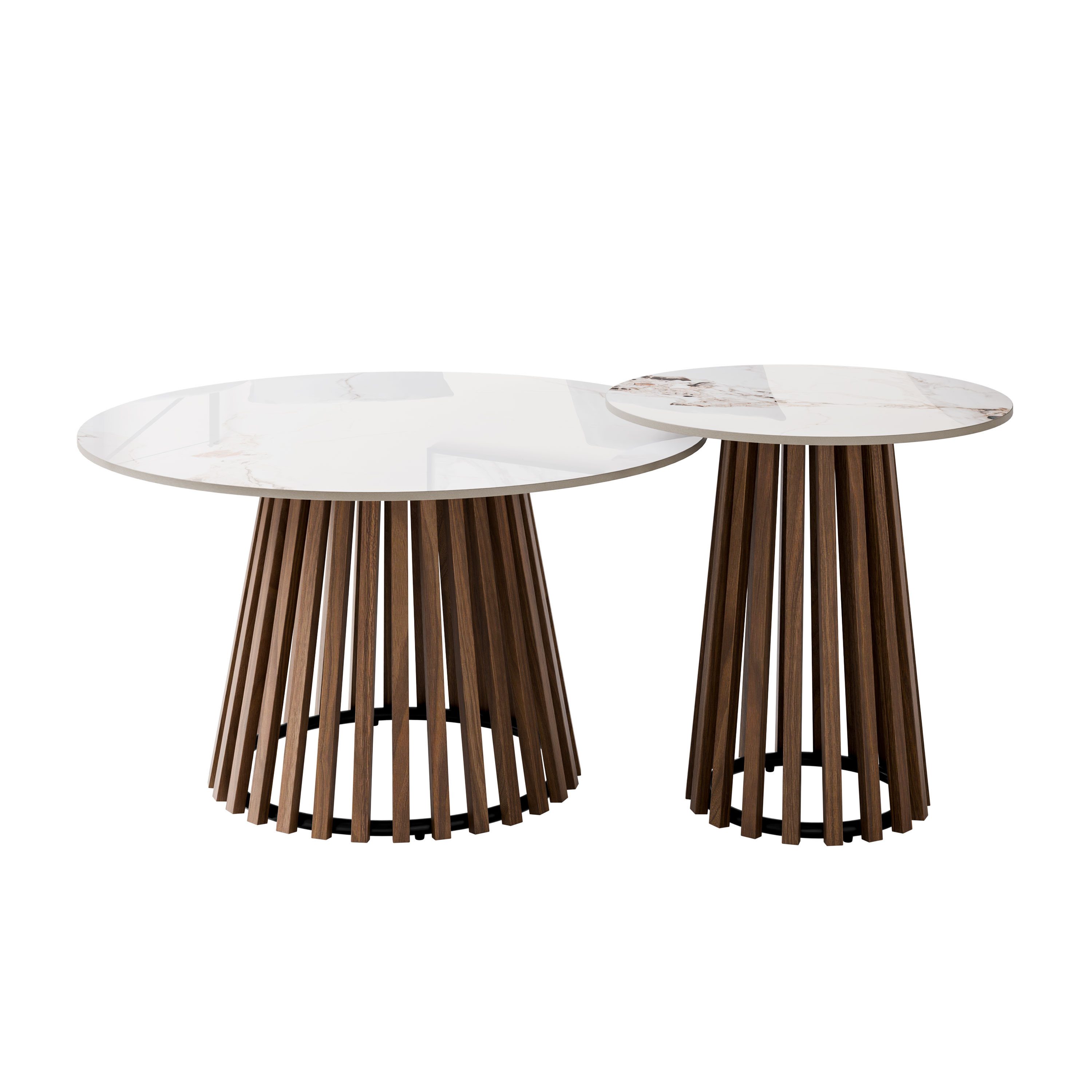 Lookway Couchtisch MARISE 2er Couchtisch-Set – Hochglanz Sinterkeramik & Lamellen (2er Set), Durchmesser: ⌀80 cm und ⌀50 cm, Höhe: 46 cm und 51 cm – Bild 5 von 5