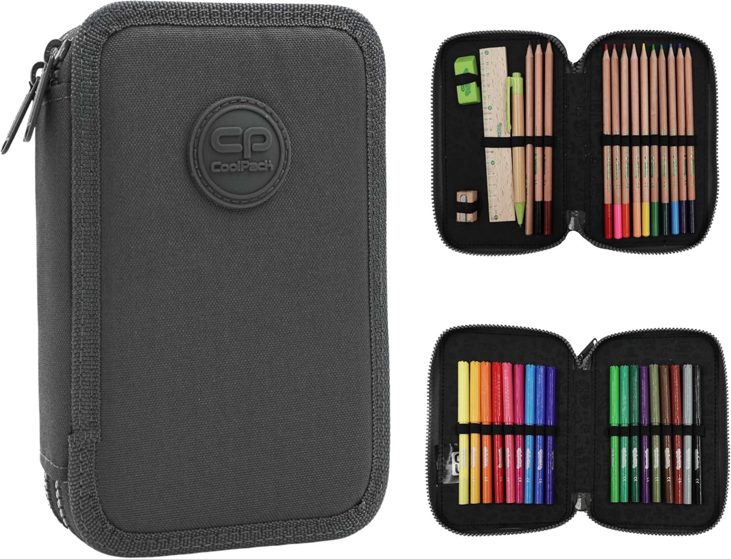 GOLDKIDS Federmäppchen COOLPACK 2-fache Federtasche Federmappe 100% recycelt, (ECO 35-teilig Schüleretui Stifte, und Pinsel inkl. Aufgabenheft Federbox Etui), Stiftetasche Schlamper-Etui Schul-Etui