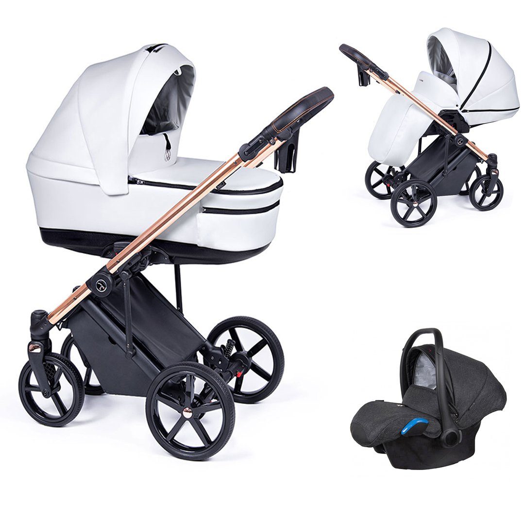 babies-on-wheels Kombi-Kinderwagen 3 in 1 Kinderwagen-Set Fado Eco - 15 Teile - in 21 Designs Weiß = Gestell gold