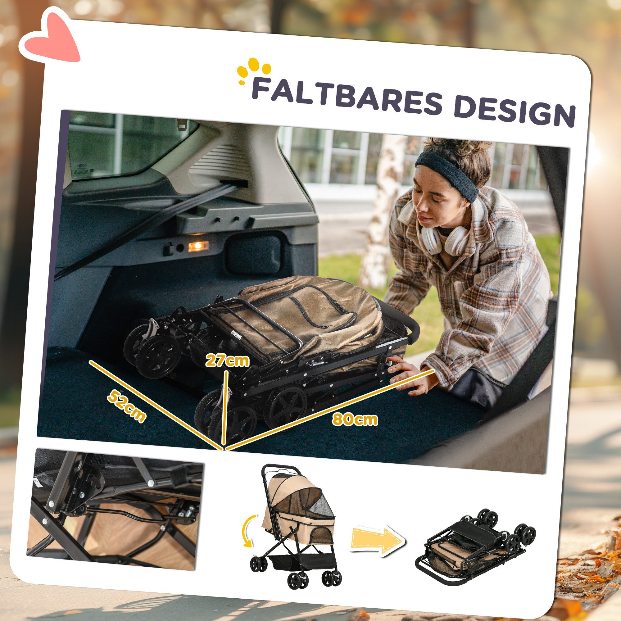 PawHut Hundebuggy Hundewagen Buggy Pet Stroller Oxford braun, (Haustierwagen, 1-tlg), für kleine Hunde und Katzen, Oxford Braun 76,5 x 52 x 95 cm – Bild 5 von 5