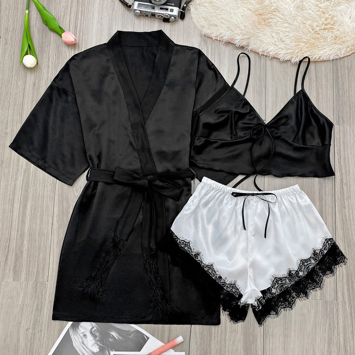 Elegant Love Morgenmantel Sexy Pyjama-Set für Damen, Dessous-Set, Kimono, Negligee aus Satin, Kimono-Kragen, Gürtel, Nachtwäsche und Loungewear, Verführerische Lingerie