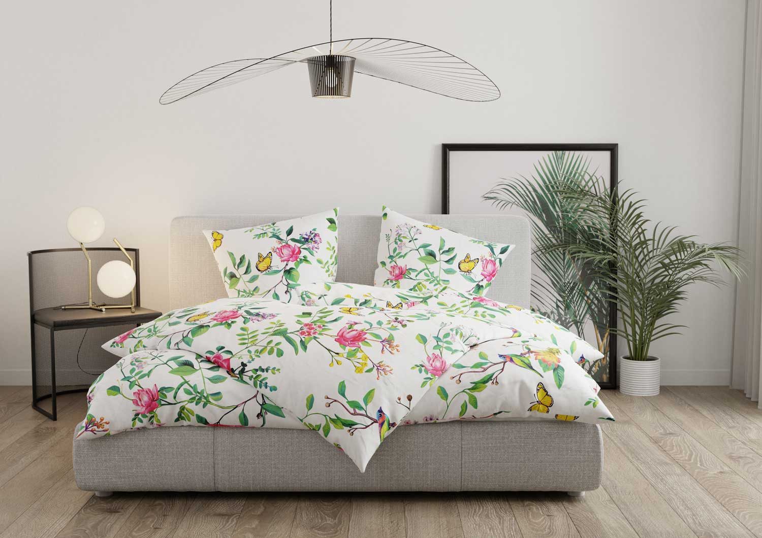 BETTWAESCHE-MIT-STIL Bettwäsche Mako Satin Blumen Bettwäsche Vögel + Schmetterlinge, Mako-Satin, 2 teilig