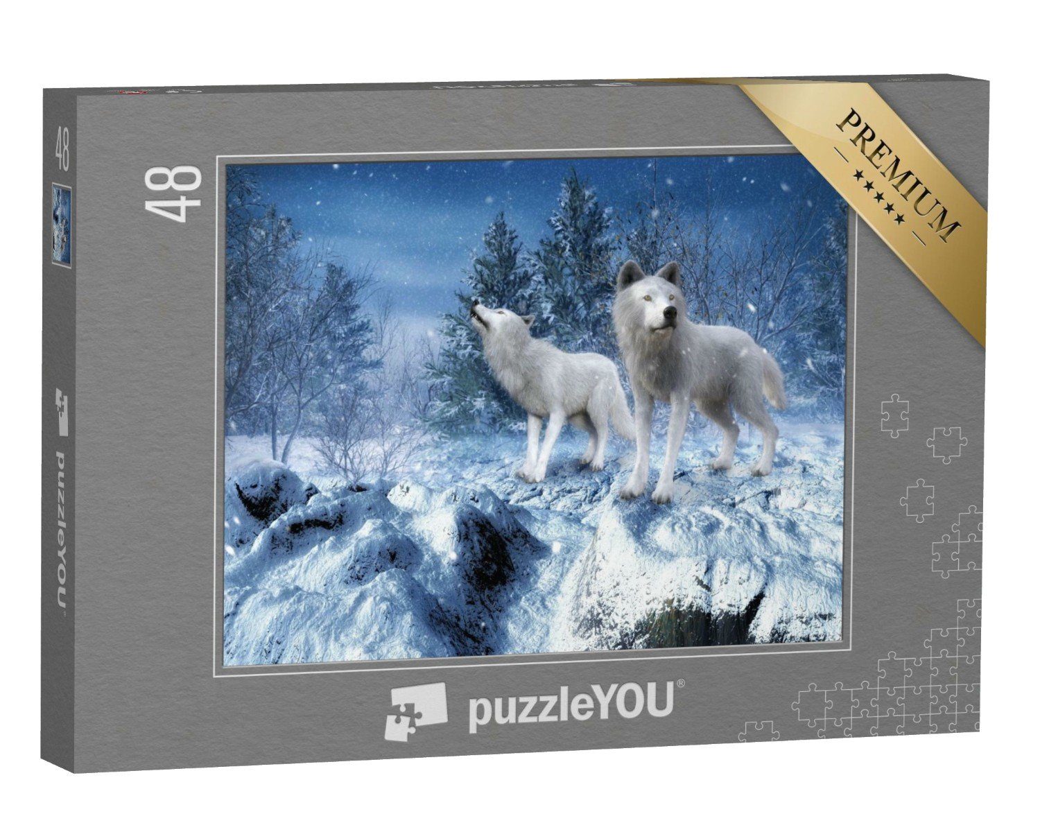 puzzleYOU Puzzle 3D-Kunst Winterlandschaft mit zwei weißen Wölfen, 48 Puzzleteile, puzzleYOU-Kollektionen Fantasy