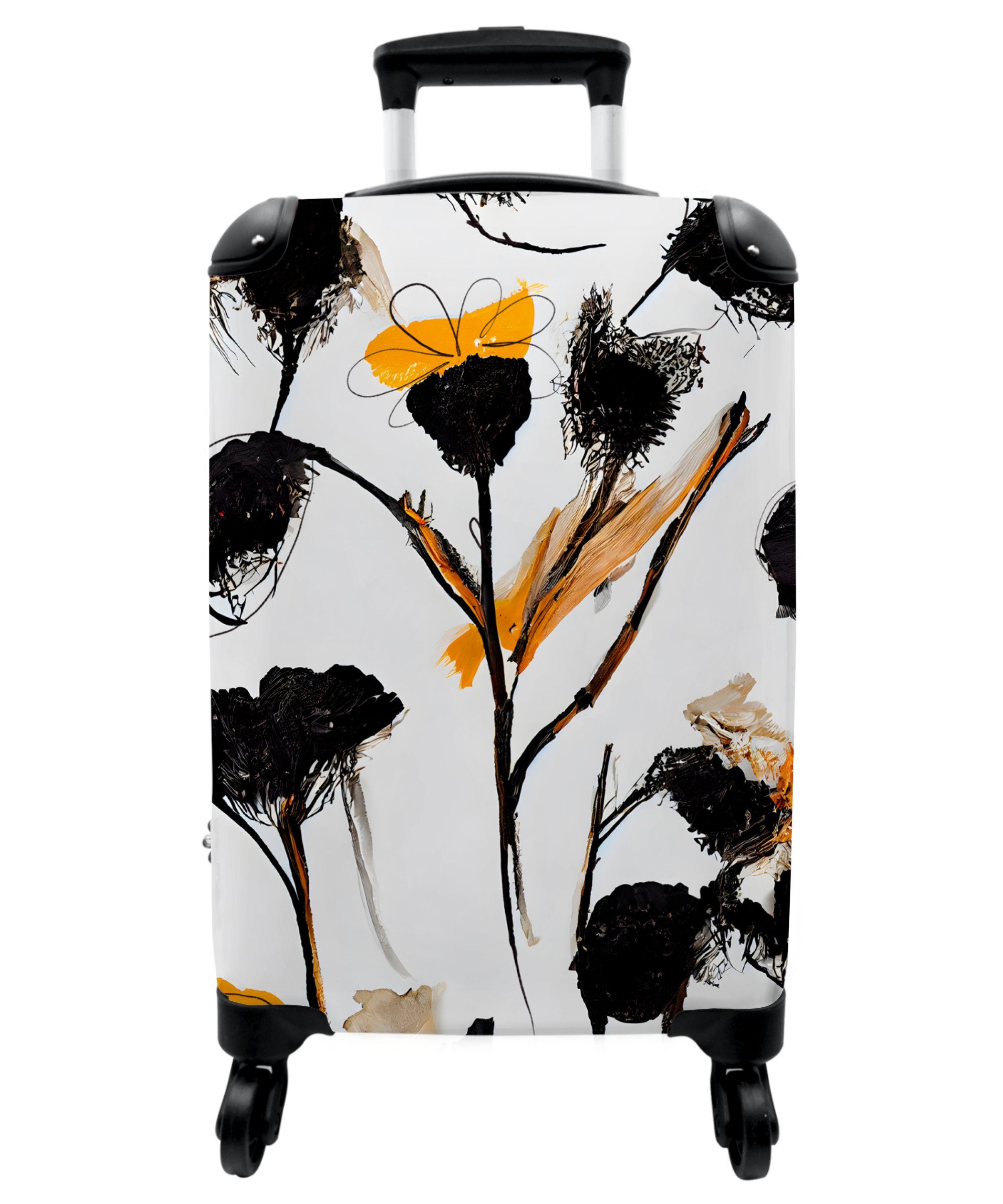 NoBoringSuitcases.com© Handgepäckkoffer 55x35x20cm Blumen - Schwarz - Pflanzen - Pastell - Gelb, 4 Rollen, Handgepäck Trolley Rollkoffer Kleine Reisekoffer mit 4 Rollen - Cabin