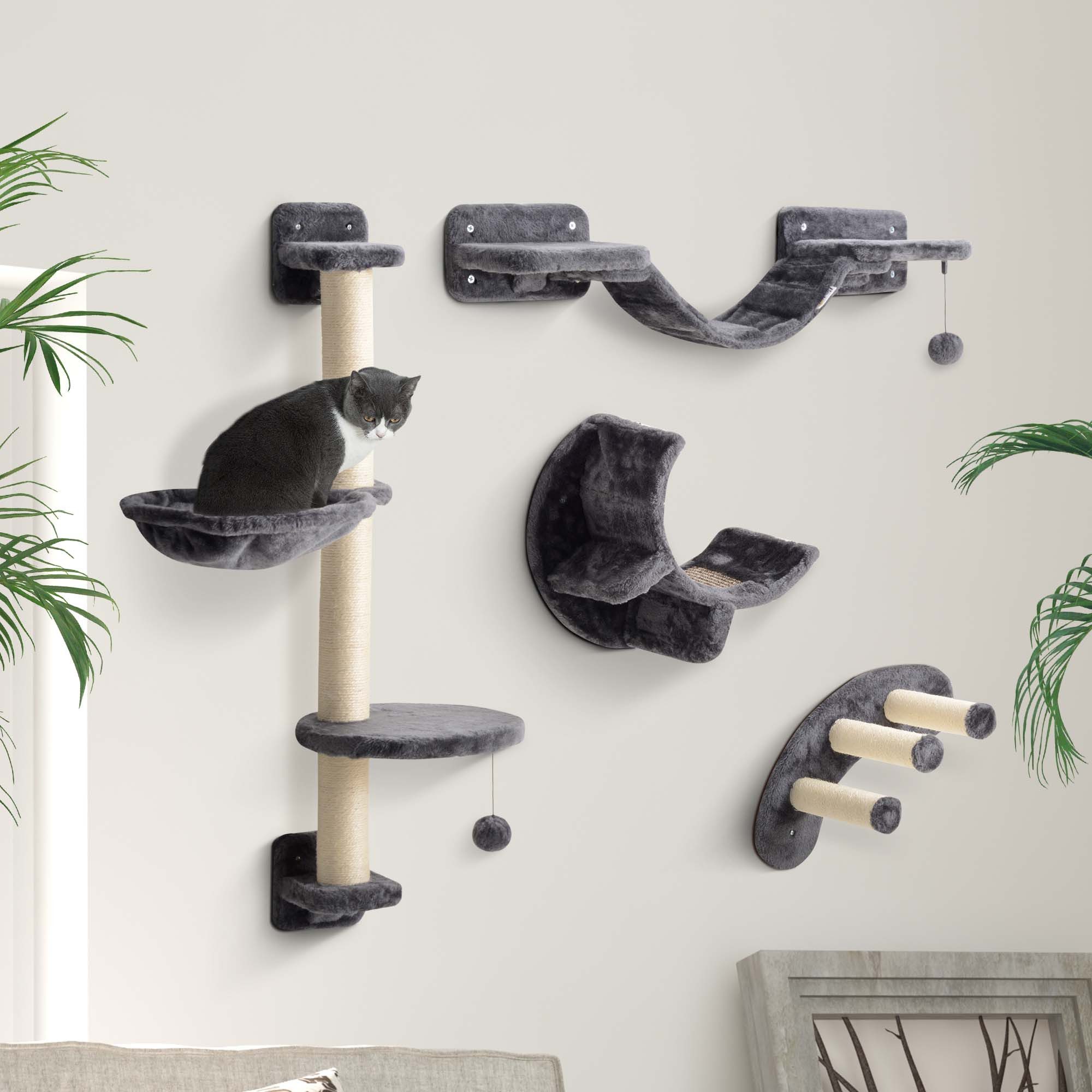 PawHut Kratzbaum Kletterwand Katzen, 4-teilig Katzen Wandelemente mit Hängematte, Katzenmöbel bis zu 5 kg, Dunkelgrau
