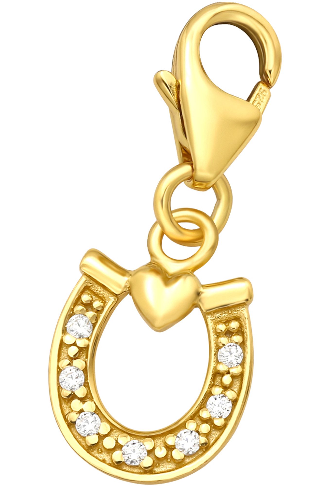 Limana Charm-Einhänger Karabiner Anhänger 925 Silber Gold Pferde Hufeisen Herz (inkl. Geschenkdose), Zirkonia für Bettelarmband Kette Geschenkidee Armbandanhänger