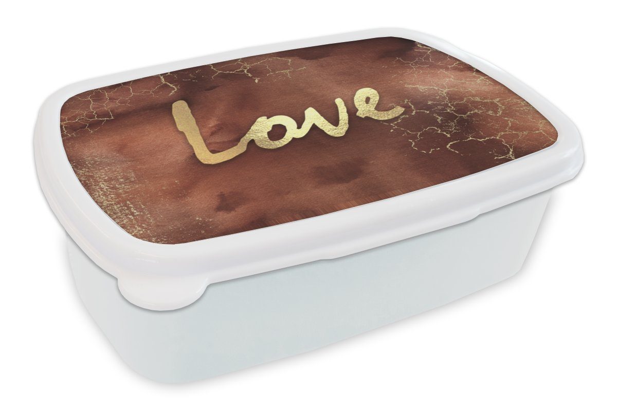 MuchoWow Lunchbox Zitat - Liebe - Braun - Gold, Kunststoff, (2-tlg), Brotbox für Kinder und Erwachsene, Brotdose, für Jungs und Mädchen weiß