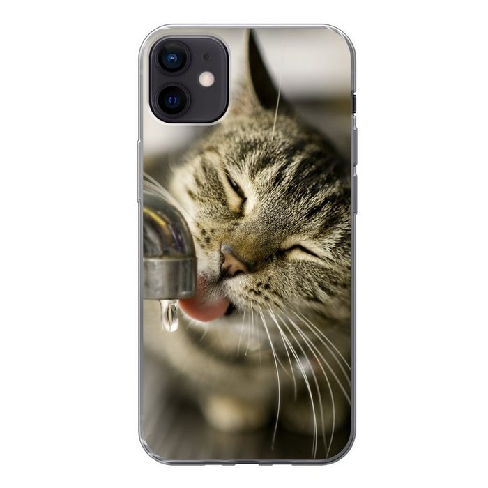 MuchoWow Handyhülle Katze - Wasserhahn - Getränk Handyhülle Apple iPhone 12 Mini Smartphone-Bumper Print Handy