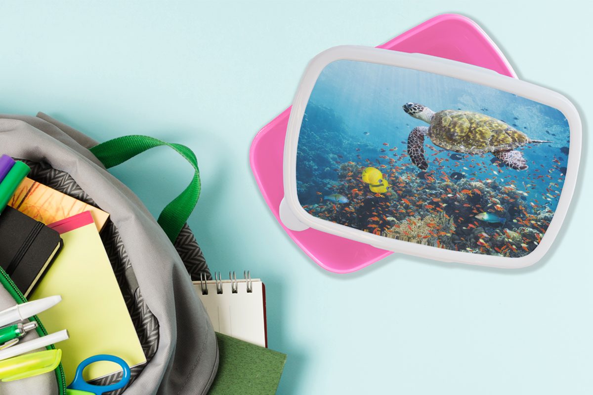 Korallenriff, Kunststoff Erwachsene, Mädchen, Kinder, Brotdose Brotbox Lunchbox für am (2-tlg), Schildkröte MuchoWow Kunststoff, Snackbox, rosa