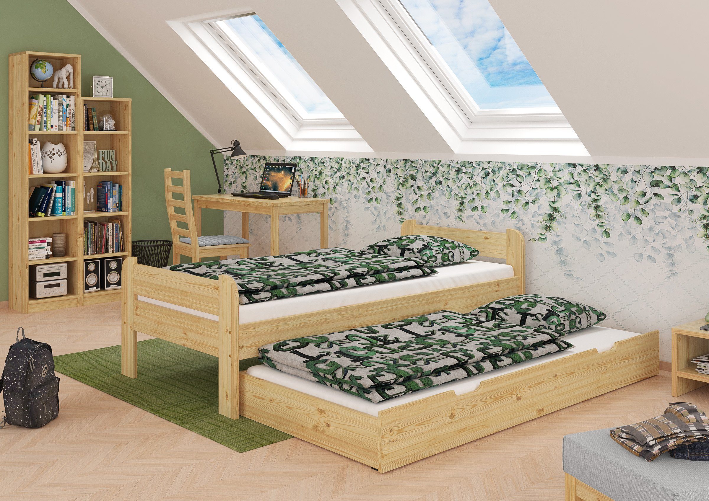 Bett Fußteil Einzelbett mit Kopf- lackiert Kiefer Kieferfarblos 90x200 mit Federleisten, und ERST-HOLZ
