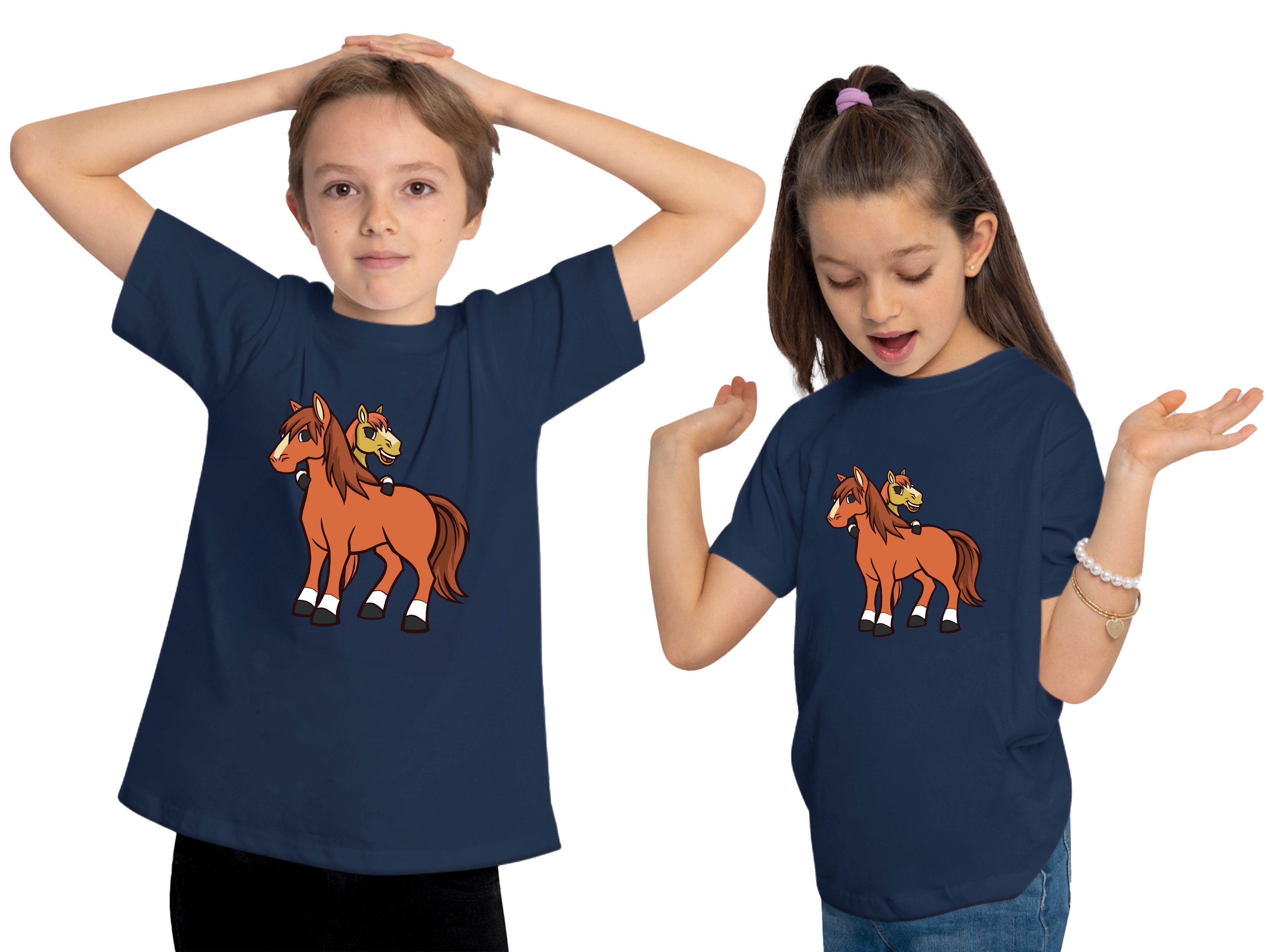 MyDesign24 navy 2 Aufdruck, bedruckt Shirt Kinder - Pferde Print mit i251 blau cartoon Baumwollshirt Pferde T-Shirt