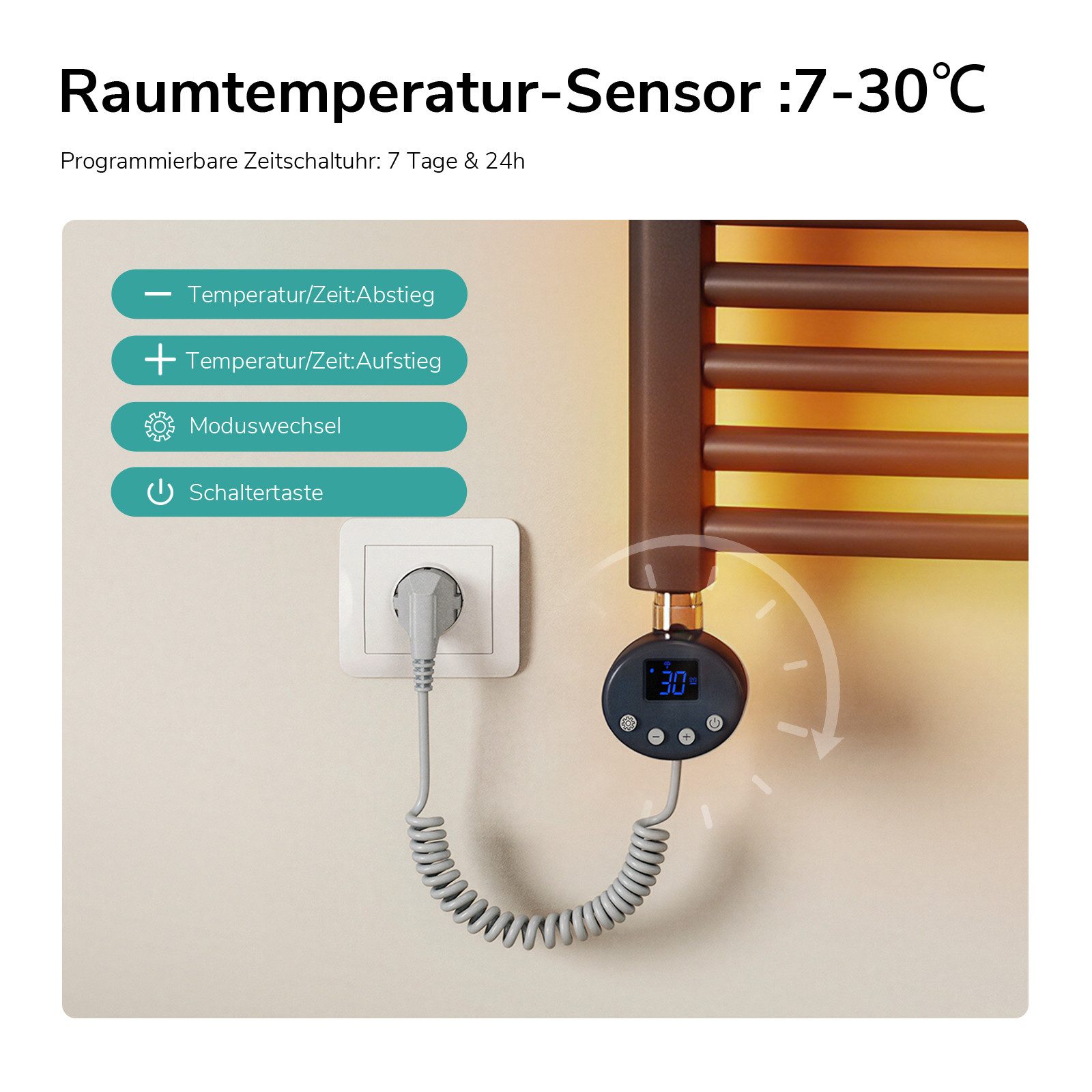 EMKE Elektrischer Badheizkörper mit Wifi APP Steuerung Thermostat Höhe: 120, 500/600W, 4 Heizmodi, 7-Tage-Timer, Boost & Frostschutz Gebogener Handtuchwärmer