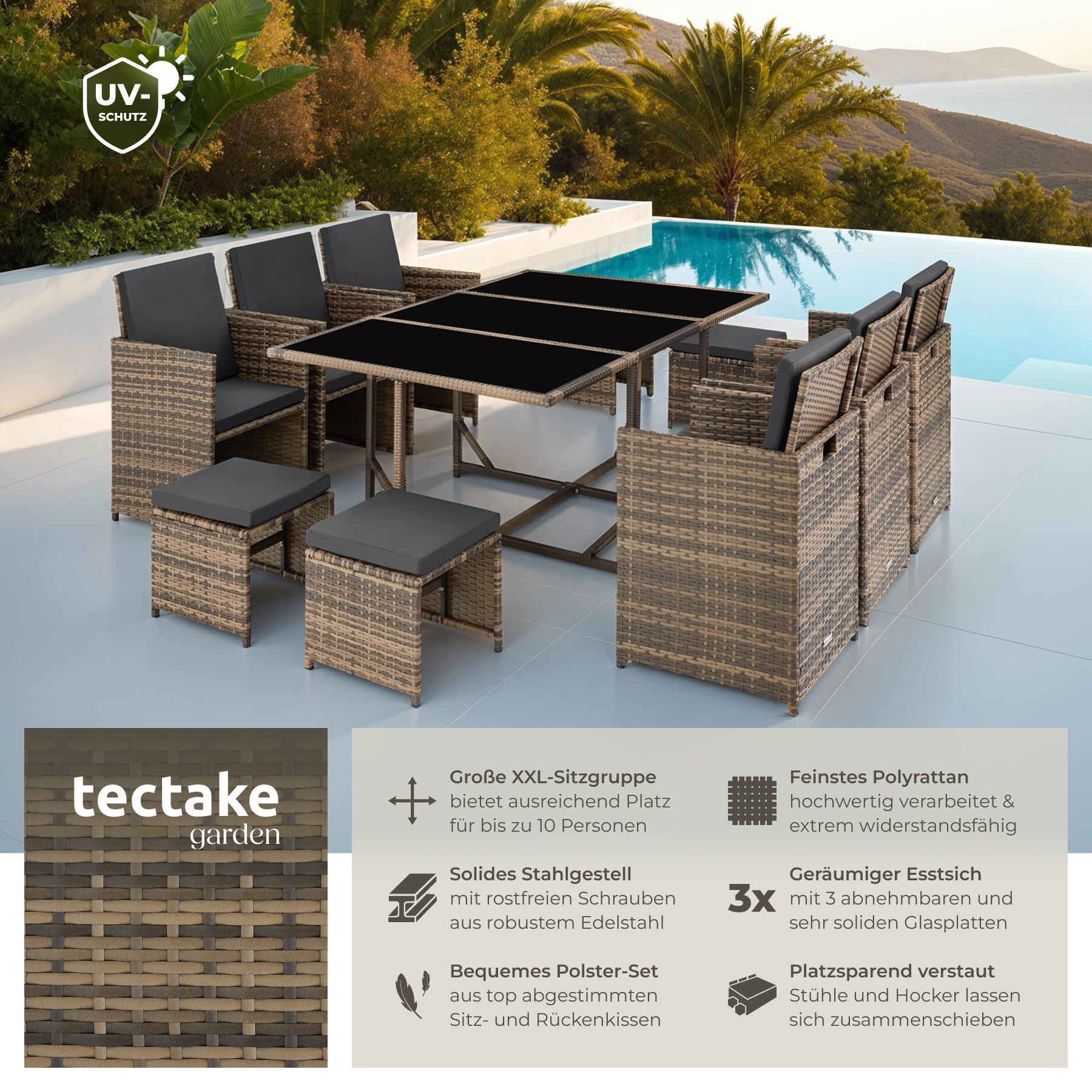 tectake Sitzgruppe Rattan-Gartenlounge für 6 bis 10 Personen, Inkl. Schutzhülle, (Loungeset Malaga, 12-tlg., für Außen in Naturfarben), widerstandsfähig, UV-beständig, mit Sicherheitsglasplatten