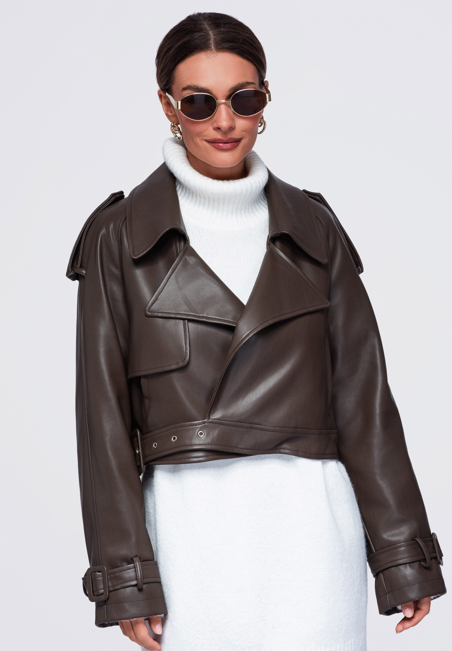 OMBRE Lederimitatjacke Damen Lederimitatjacke mit breiten Klappen und Gürtel Braun ONESIZE (kein Set, 1-St) in Unifarbe
