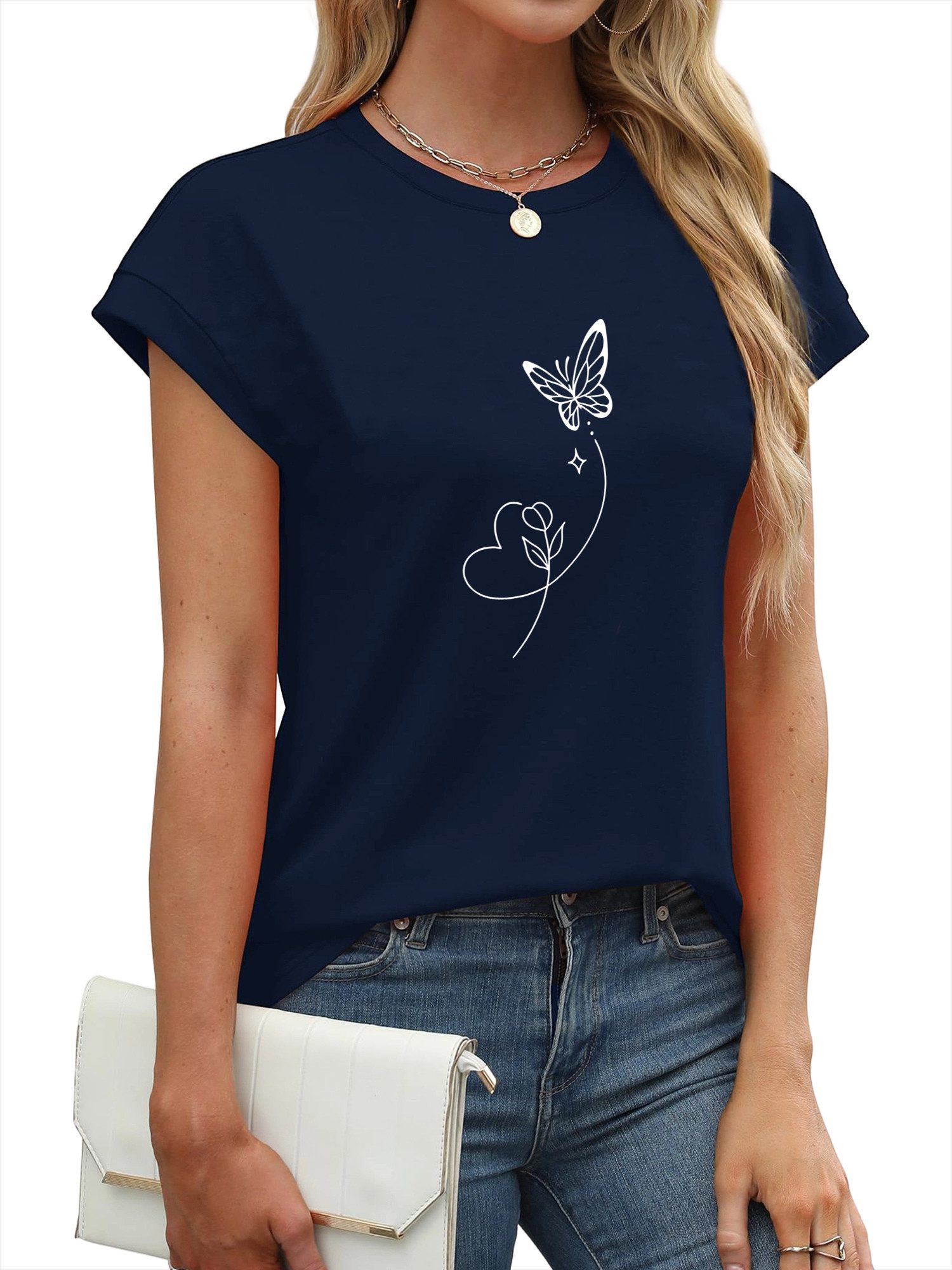 Kurzarmshirt Damen bequemes Sommer Kurzarm Carmenshirt Locker Schmetterling Print