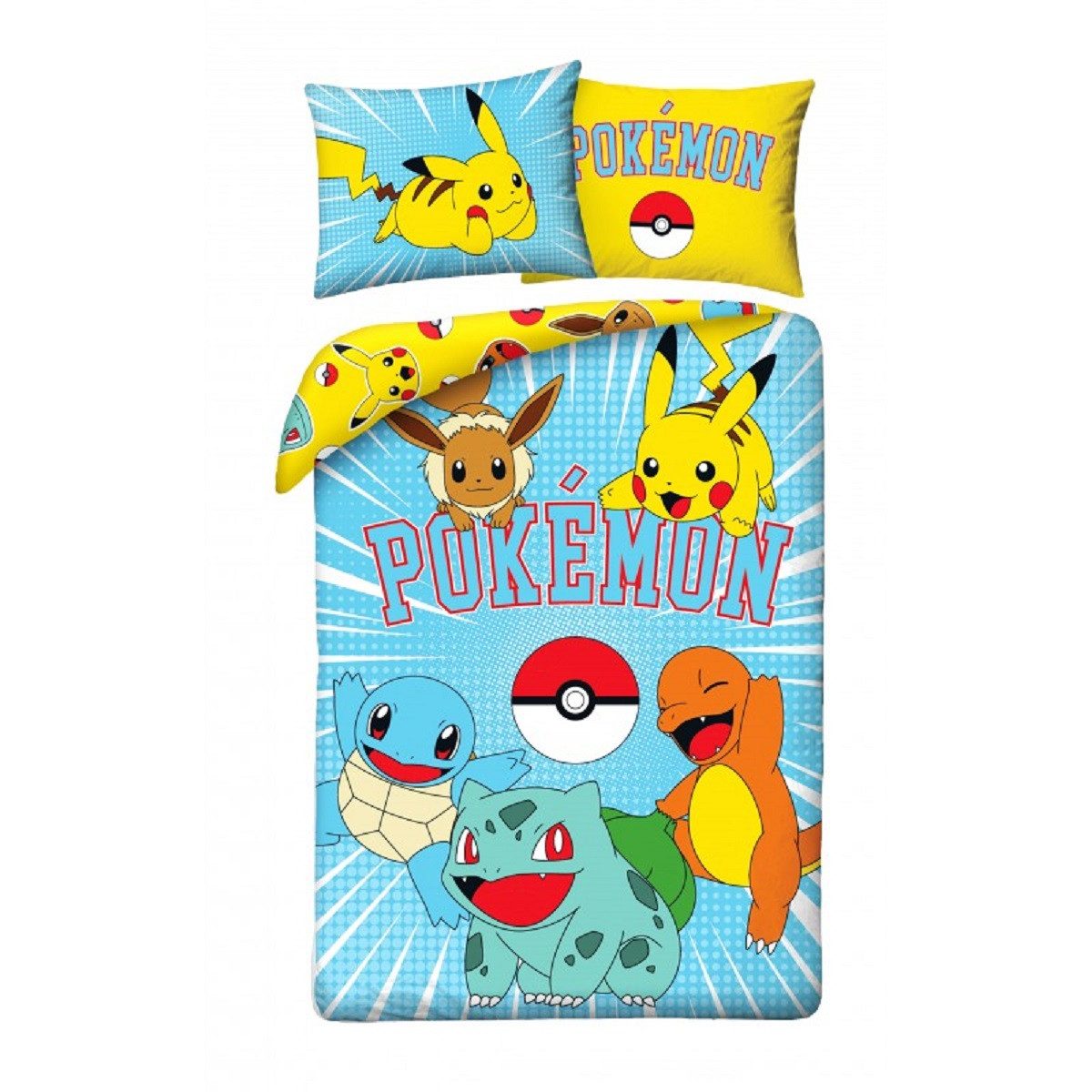 POKÉMON Bettwäsche Set Baumwolle Bettdeckenbezug 140 × 200 cm mit 70 × 90 cm Kissenbezug, 2 teilig, mit Reißverschluss