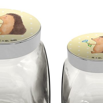 Mr. & Mrs. Panda Vorratsglas XL 2000ml Igel Blumen - Gelb Pastell - Geschenk, Tiermotive, lustige, Premium Glas, (1-tlg), Mit Motiv