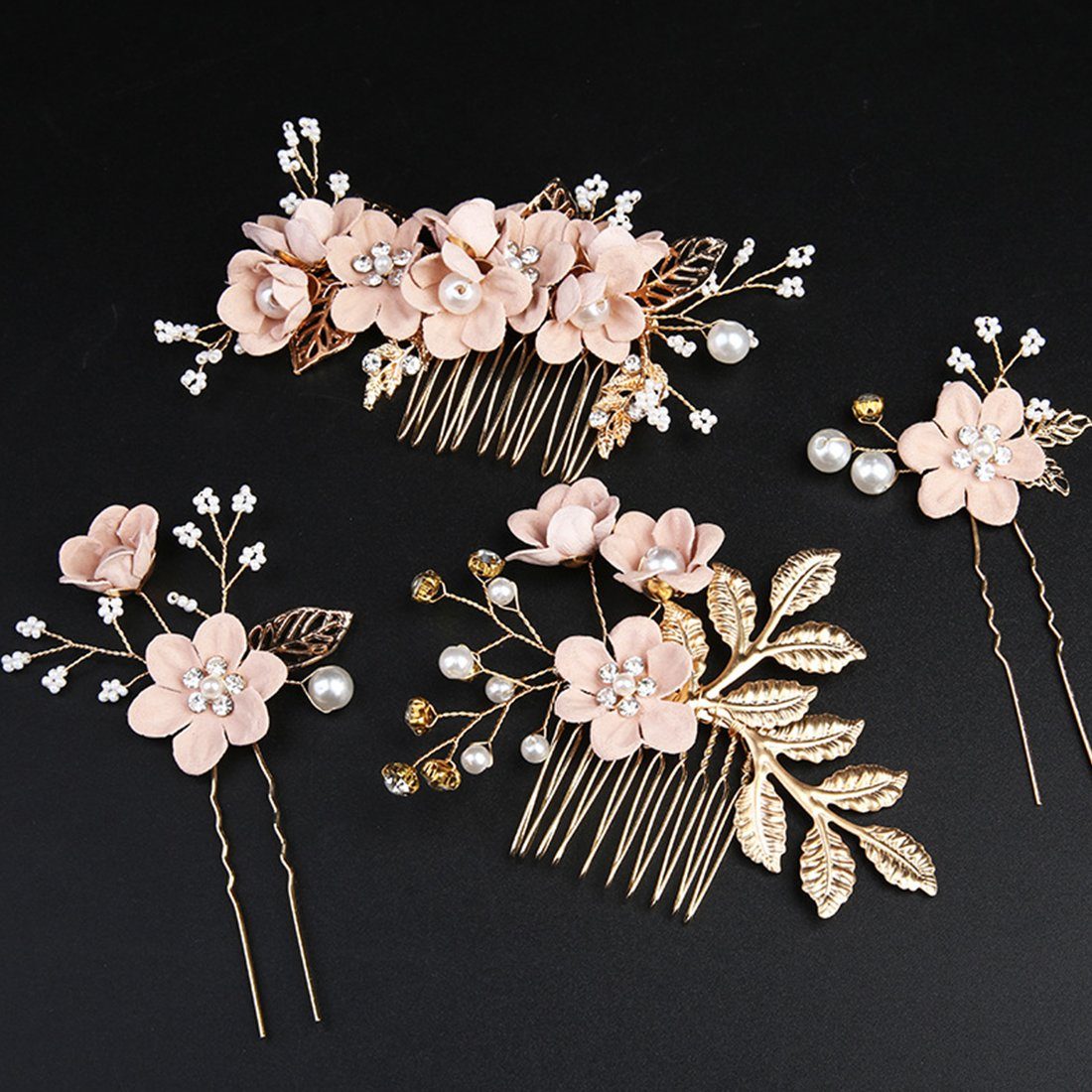 GLAMO Perlen Diadem Braut Stk mit Blumen, 4 Kamm Zubehör Haar Rosa Hochzeit Haar