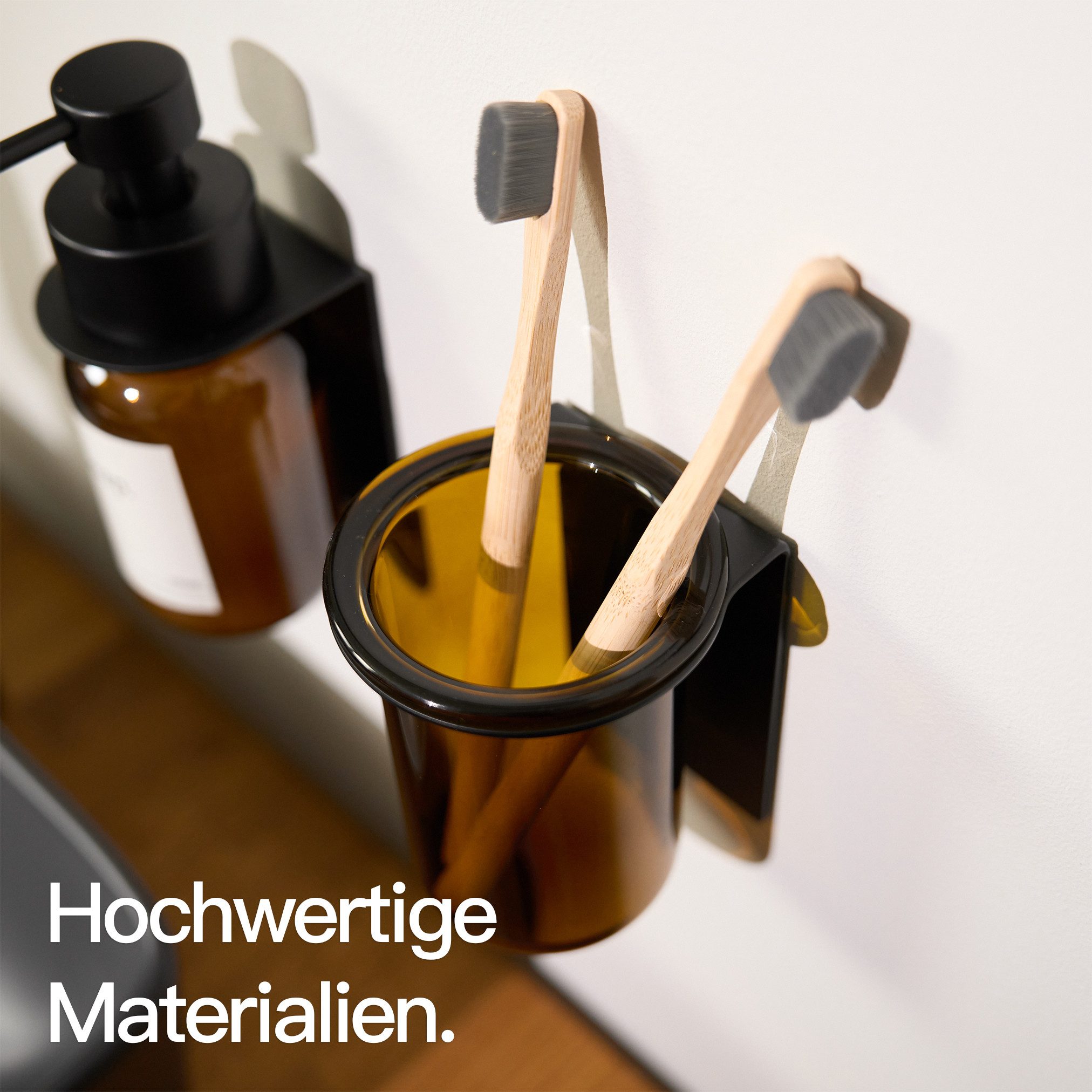 Designfabrik Hamburg Zahnbürstenhalter Glas Wandmontage ohne Bohren, pulverbeschichtet, Glas – Bild 4 von 5