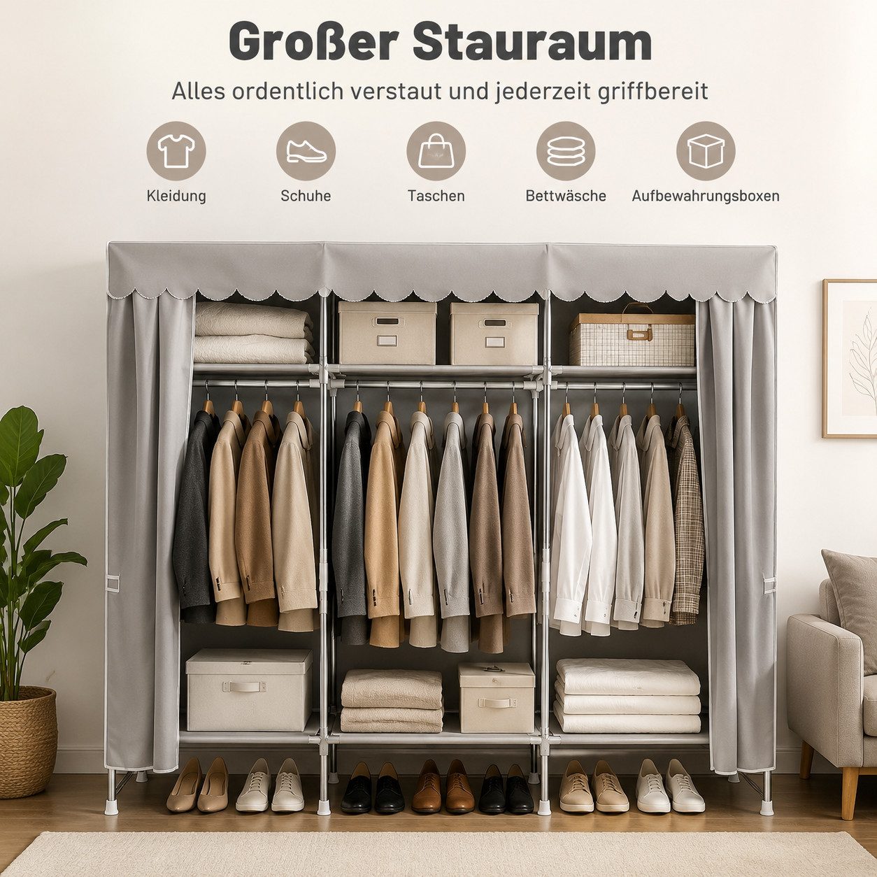 ibettertec Stoffschrank mit Fächern und Kleiderstangen für Schlafzimmer (Textilschrank mit Stahlrohrrahmen, Stoffbezug und Reißverschluss) Mehrere Hänge- und Ab – Bild 3 von 5