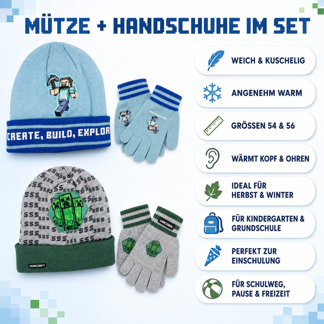 Minecraft Strickmütze Minecraft Mütze Handschuhe Set Kinder Winter Größen 54 und 56 (Set) Kinder Winterset Bekleidung Mütze + Handschuhe Jungen + Mädchen – Bild 3 von 3