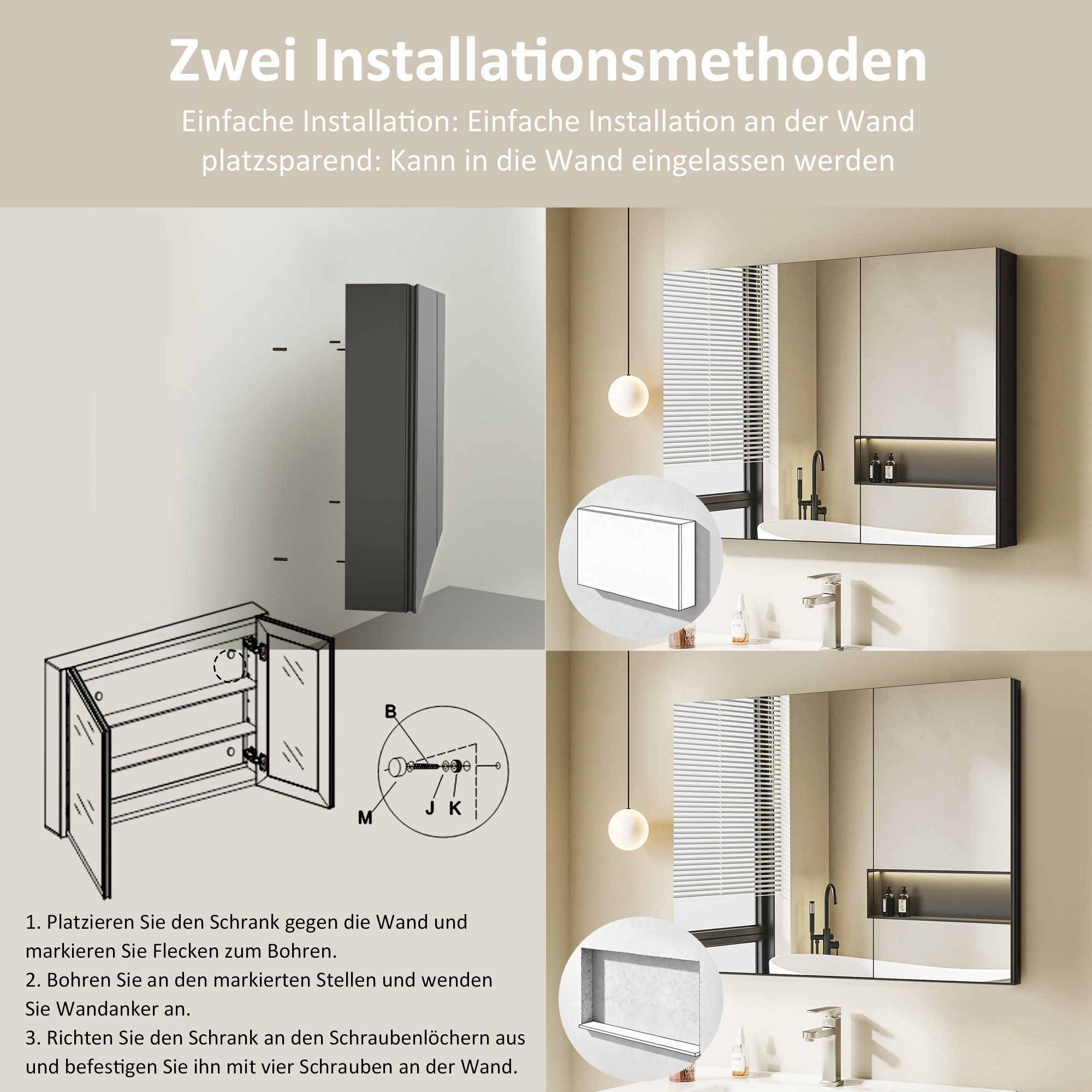 Hopibath Badezimmerspiegelschrank Aluminium Spiegelschrank Schwarz 2türig 80B x 12,5T X 60H cm (Wandschrank Badschrank, mit Doppelseitiger Spiegel, 2Glasböden) vormontiert geliefert