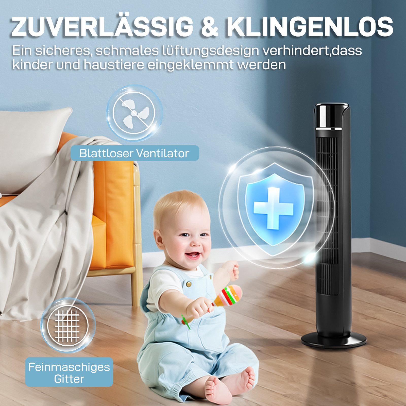 LALAHO Standventilator Schlafzimmer-Turmventilator, oszillierender Standventilator, 40W, Fernbedienung, Timer-Funktion, LCD-Touchscreen-Bedienung