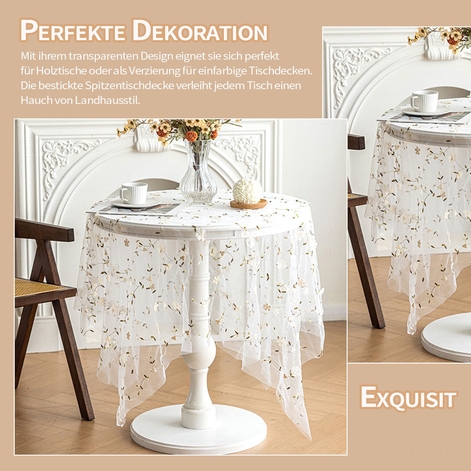 Refttenw Tischdecke Romantische Spitzentischdecke mit Blumenstickerei,Desktop-Dekoration