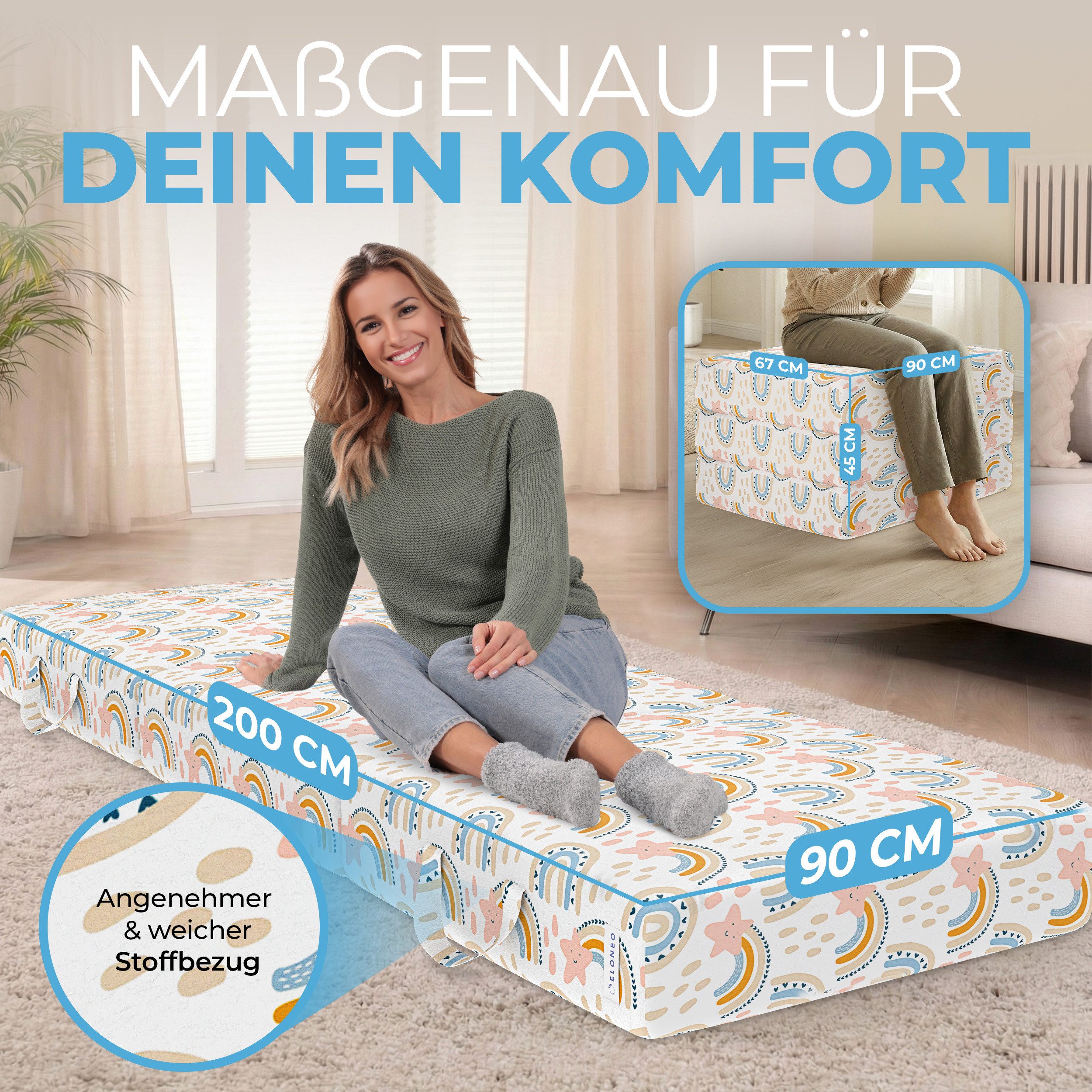 Klappmatratze 3-teilig, Gästematratze mit extra dickem Schaumstoff, ELONEO, 15 cm hoch, waschbarer Bezug, geeignet für Hausstauballergiker, schadstoffgeprüft