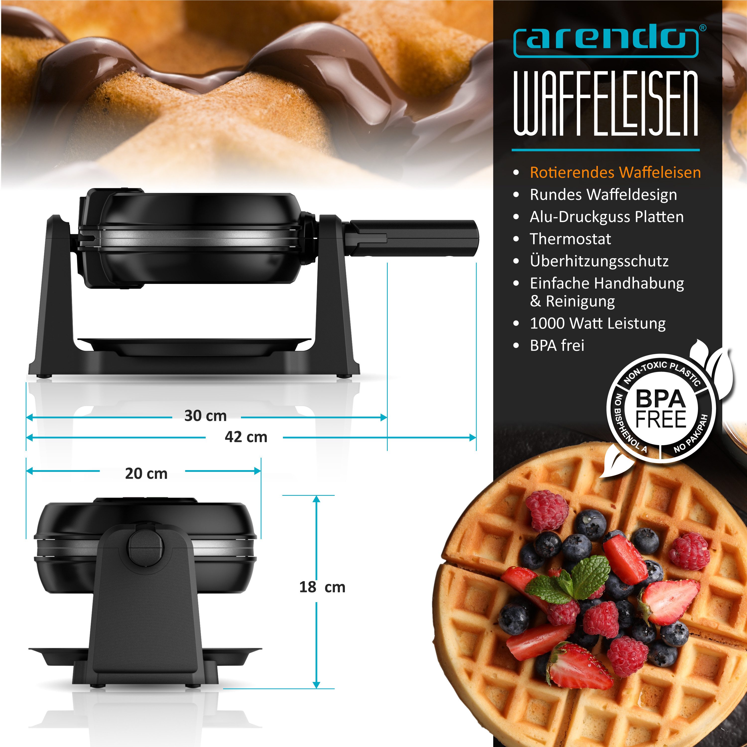 Arendo Waffeleisen Waffelautomat für klassische Waffel mit 17cm Ø, automatische Bräunung, 1000 W, drehbarer Waffelmaker, Rotierend, Antihaftbeschichtet, Abtropfschale