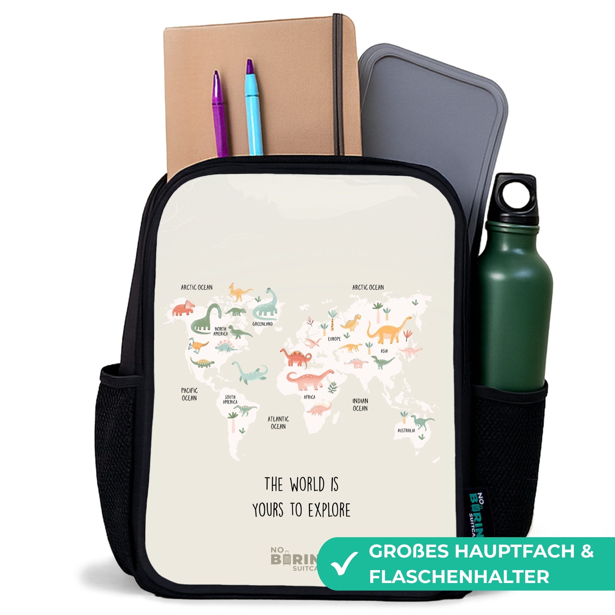 NoBoringSuitcases.com© Rucksack Dino-Weltkarte, Kinderrucksack Schwarz, Schulrucksack, Freizeitrucksack Jungen Mädchen