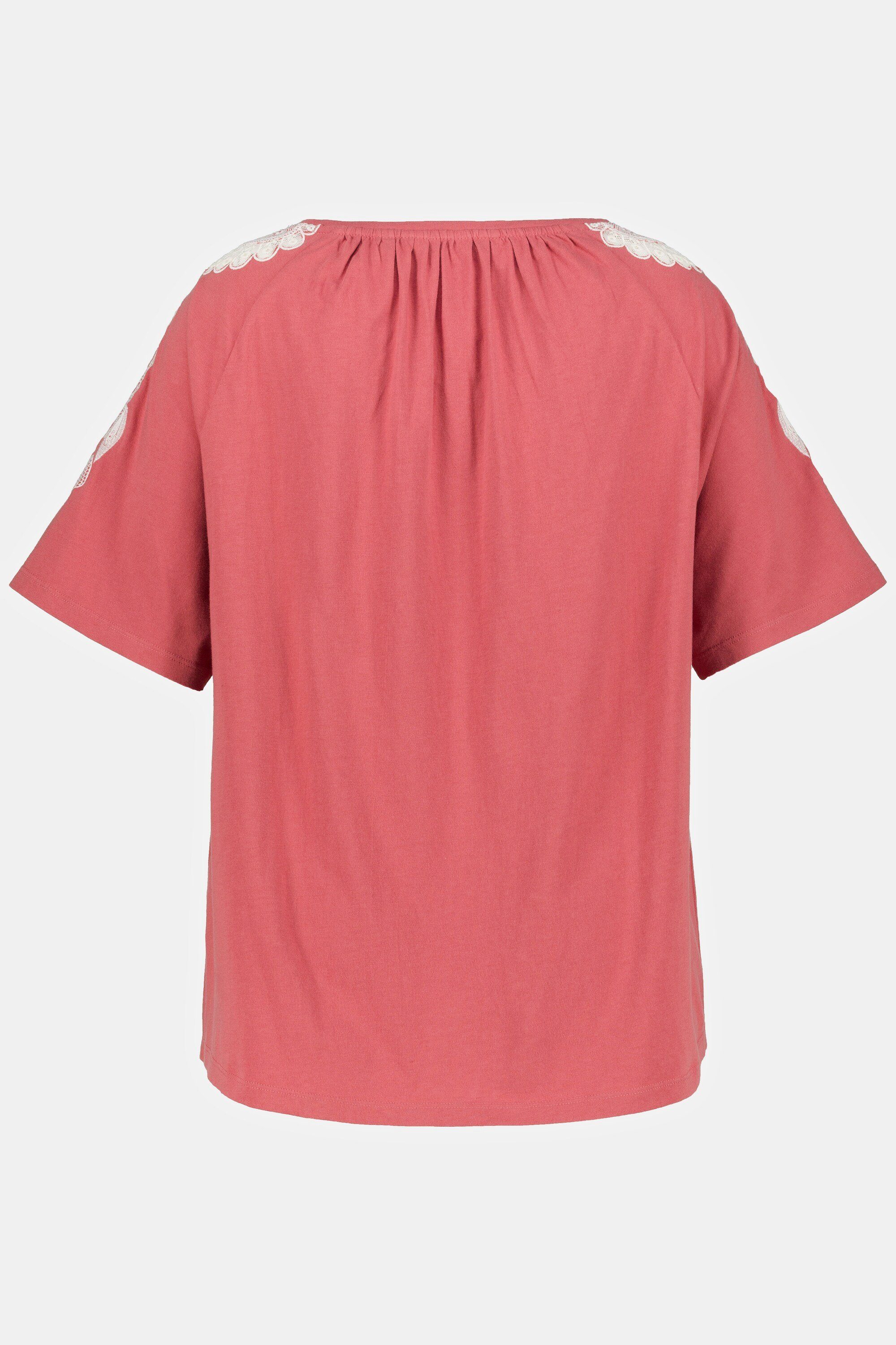 T-Shirt Popken Rundhalsshirt rouge Oversized Rundhals Halbarm Ulla Spitze
