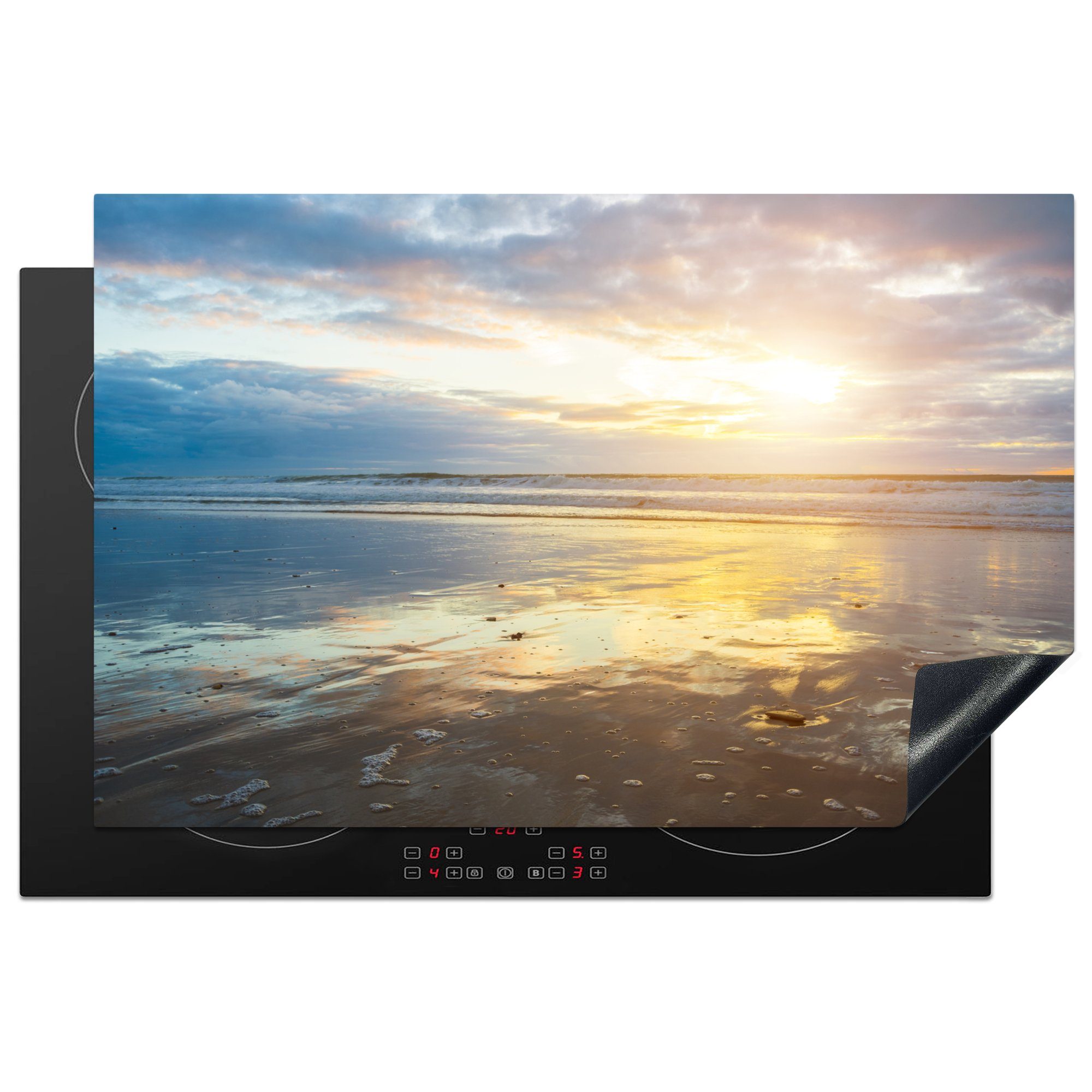 MuchoWow Herdblende-/Abdeckplatte Bunter Himmel mit untergehender Sonne am Strand, Vinyl, (1 tlg), 81x52 cm, Induktionskochfeld Schutz für die küche, Ceranfeldabdeckung