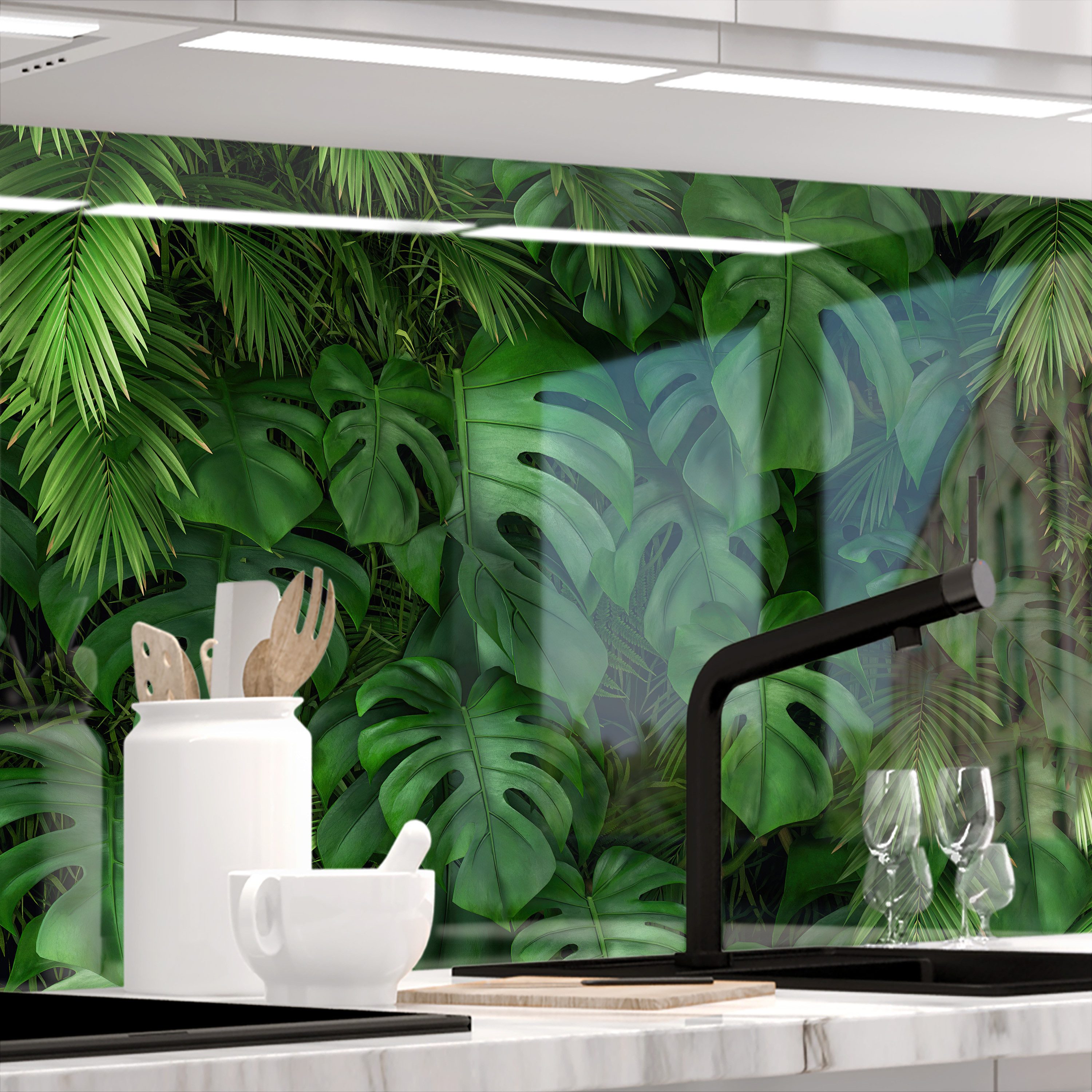 Stickerprofis Küchenrückwand BLÄTTER WAND (Glasoptik), (Premium), 1,5mm, selbstklebend, hält auf besonders vielen Öberflächen