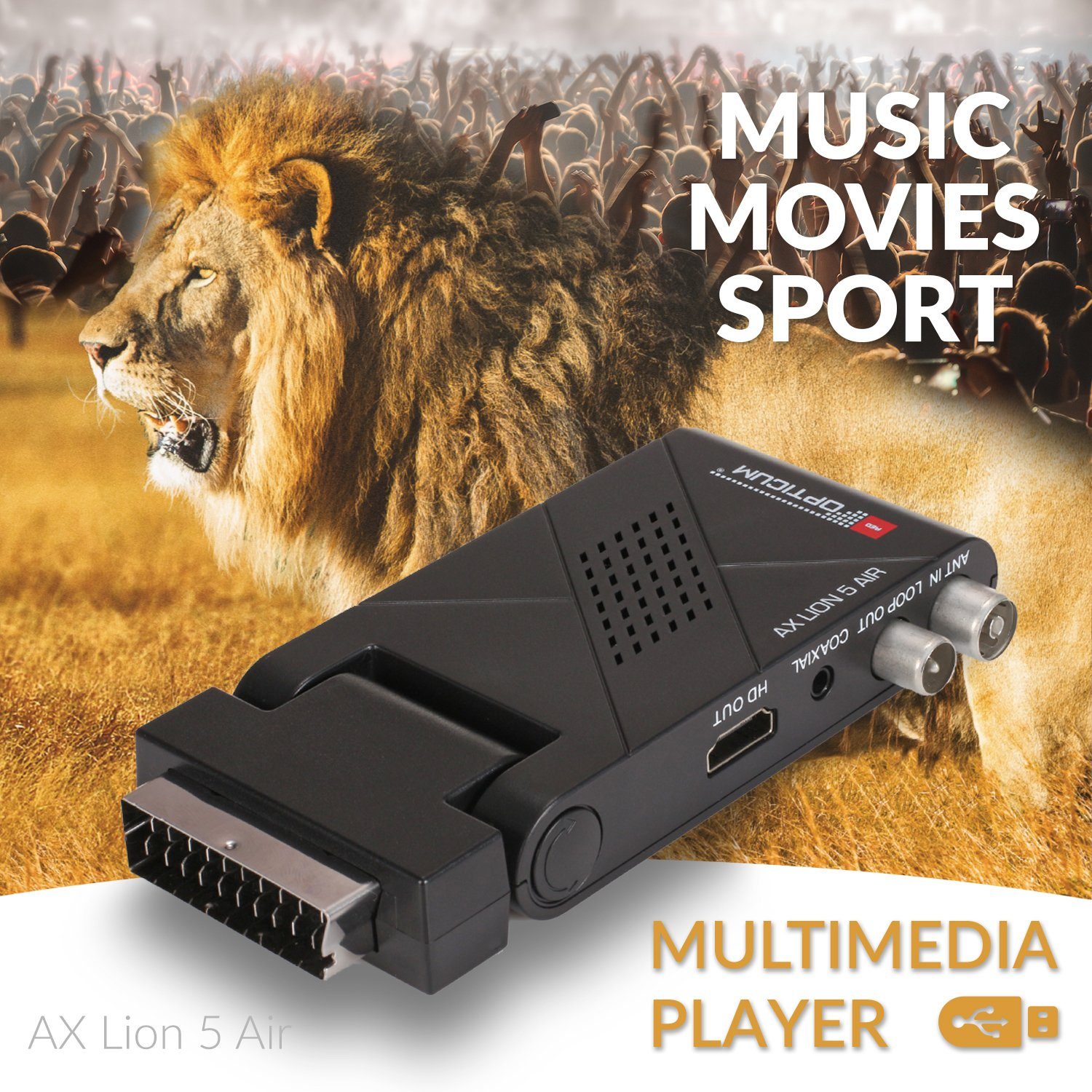 AX mit USB,12V OPTICUM SCART, DVB-T2 IR (externer Receiver Aufnahmefunktion DVB-T2 Display RED Sensor Lion Netzteil) mit 5 - LED Receiver HDMI, HD AIR