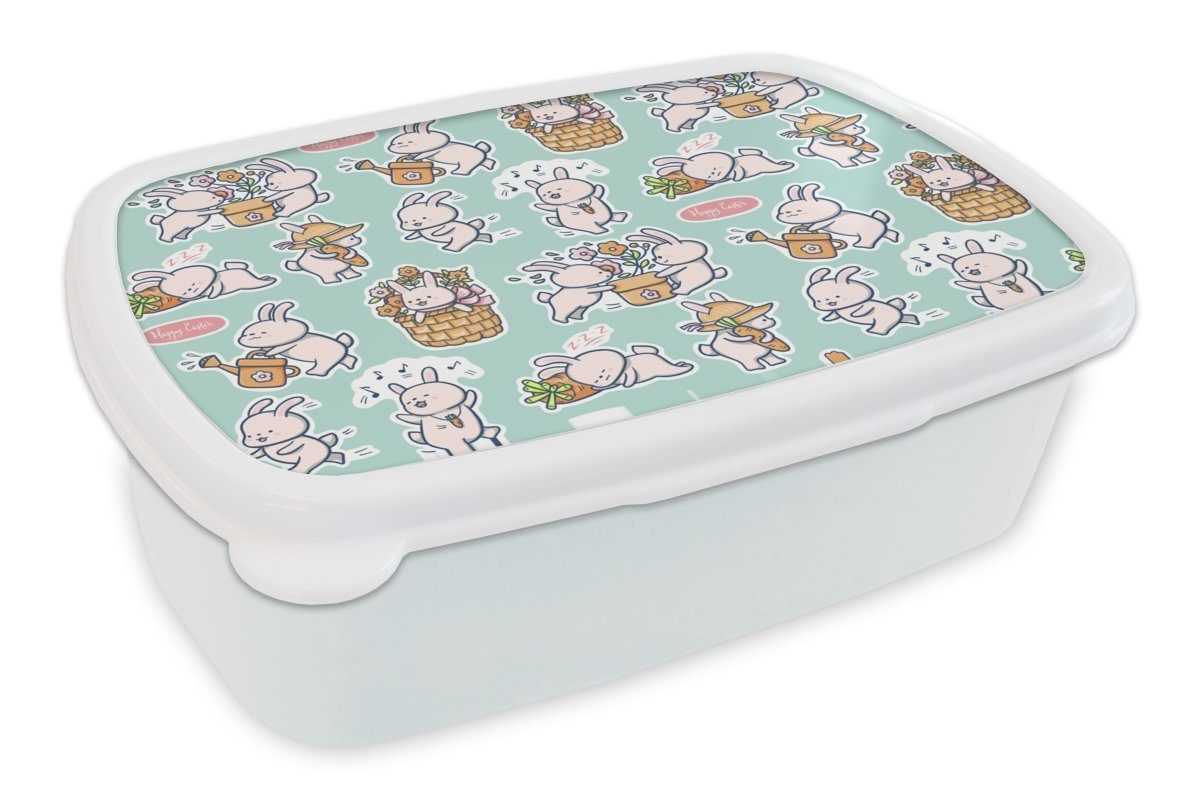 MuchoWow Lunchbox Kaninchen - Garten - Muster, Kunststoff, (2-tlg), Brotbox für Kinder und Erwachsene, Brotdose, für Jungs und Mädchen weiß