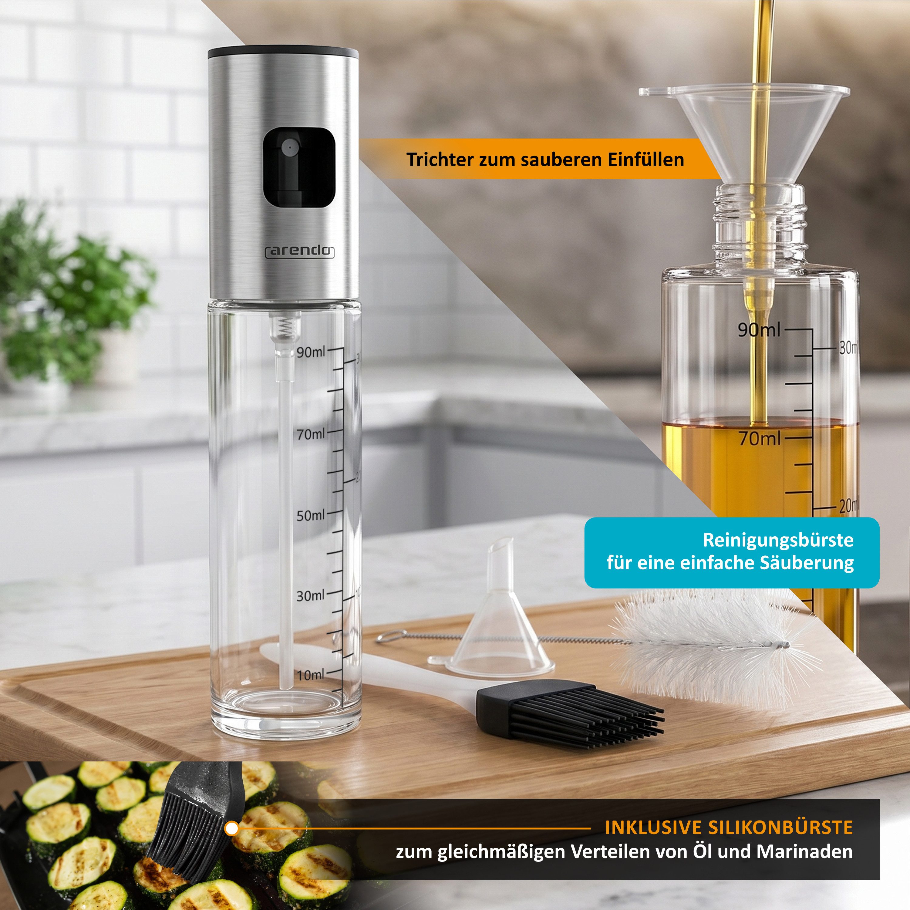 Arendo Ölspender Ölsprüher aus Glas, Skala 90 ml, rutschfester Sprühknopf, Glasflasche, (Set, 1-tlg., mit Silikonbürste, Reinigungsbürste und Trichter), für Salat Grillen Backen Kochen Heißluftfritteuse, BPA Frei
