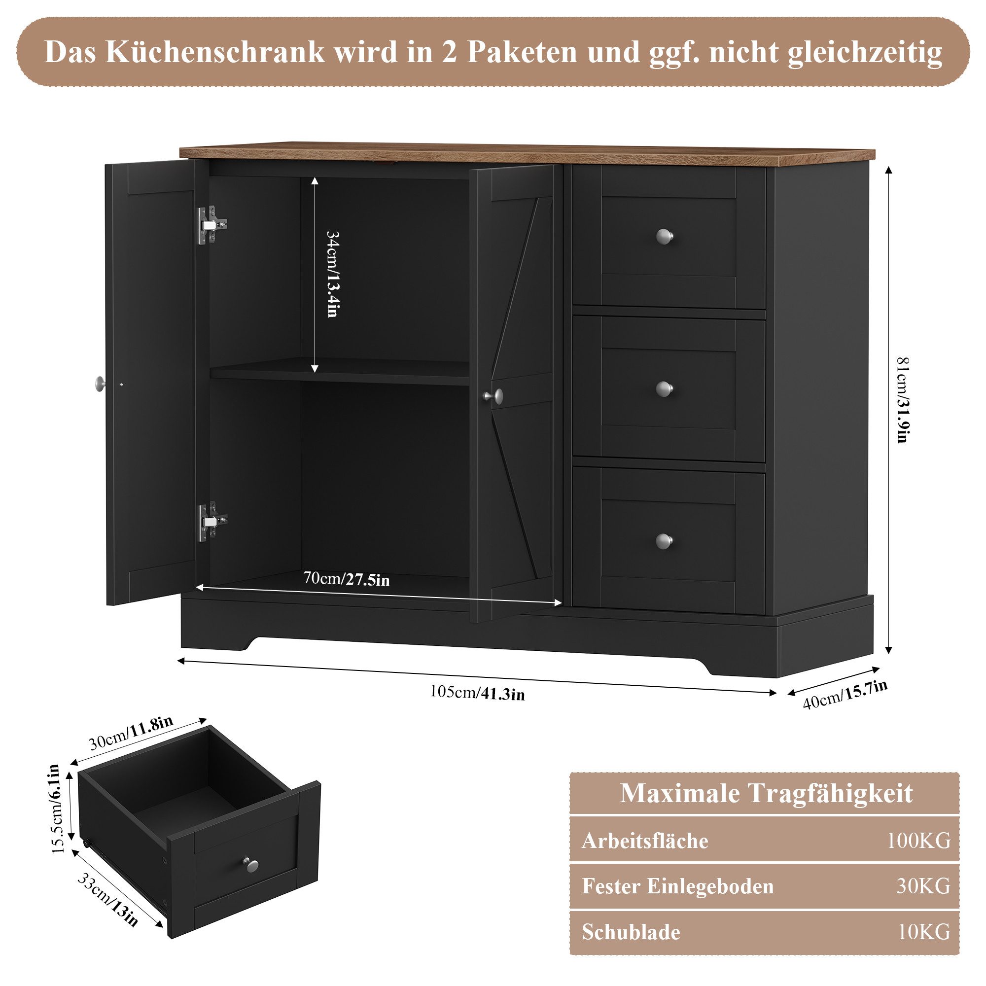 HOMECHO Sideboard, Küchenschrank mit Arbeitsplatte, Buffetschrank Weiß & Braun