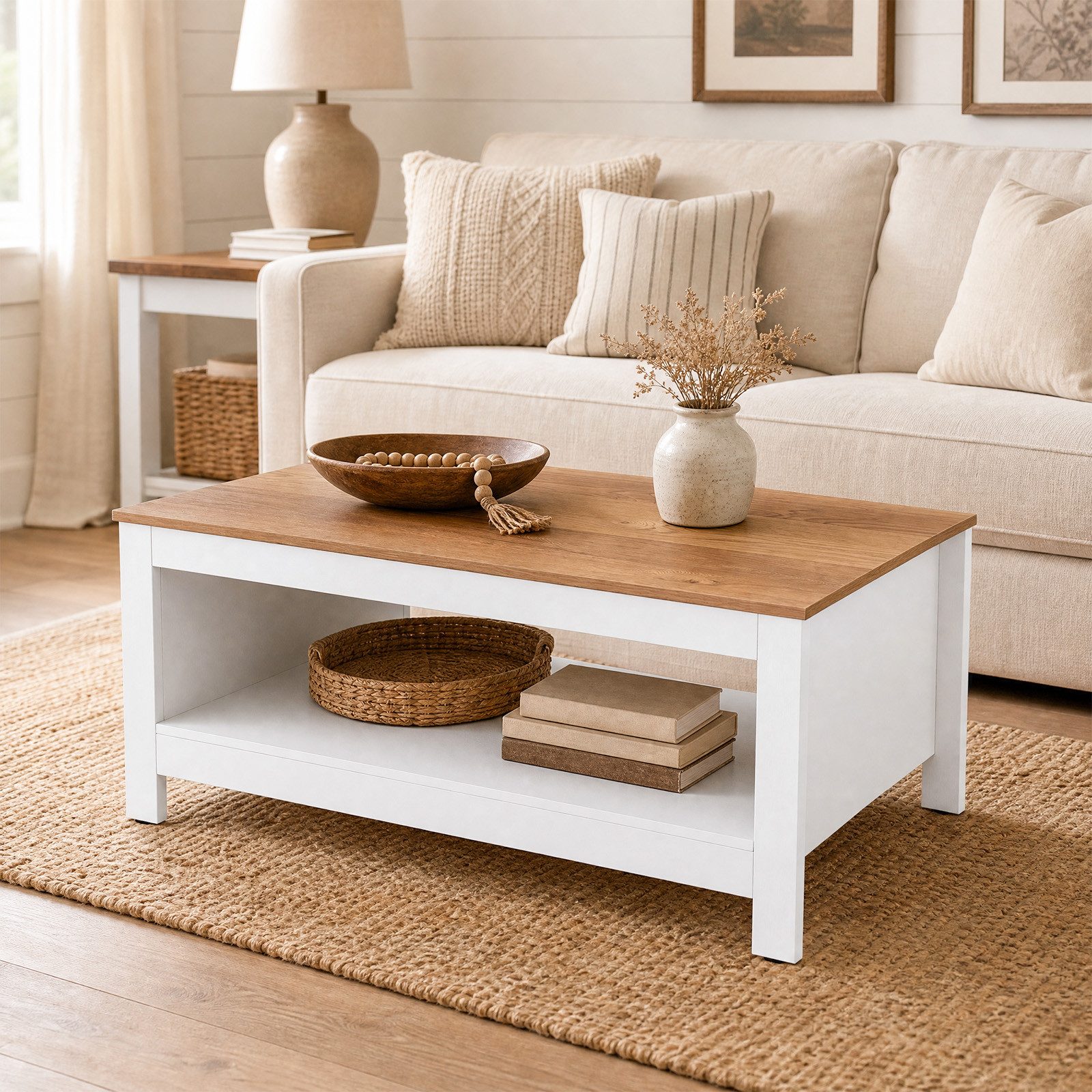 COSTWAY Couchtisch 2-stufiger Wohnzimmertisch mit Stauraum, Beistelltisch Holz weiß